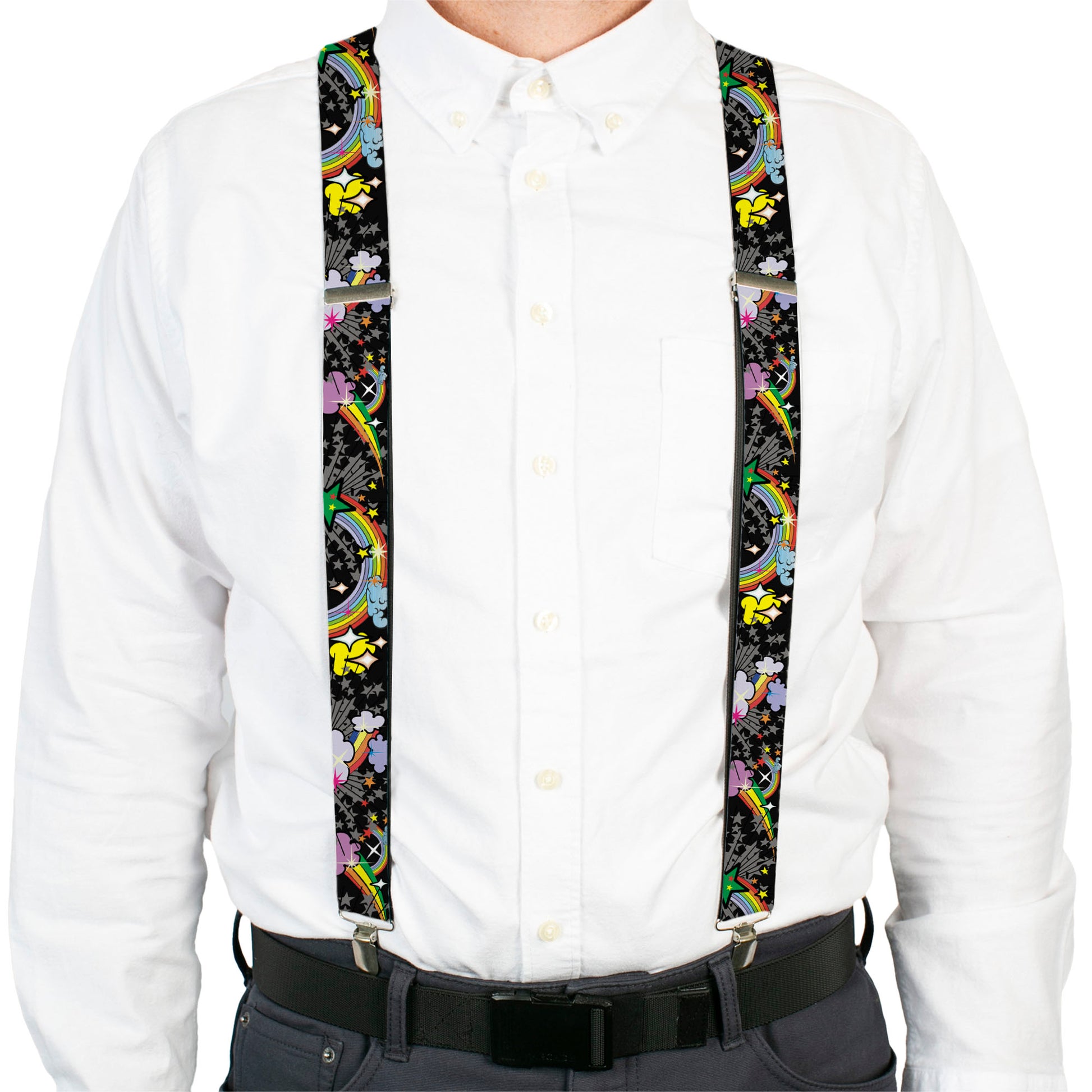 Suspenders - Rainbow Cloud Stars Black Suspenders Buckle-Down