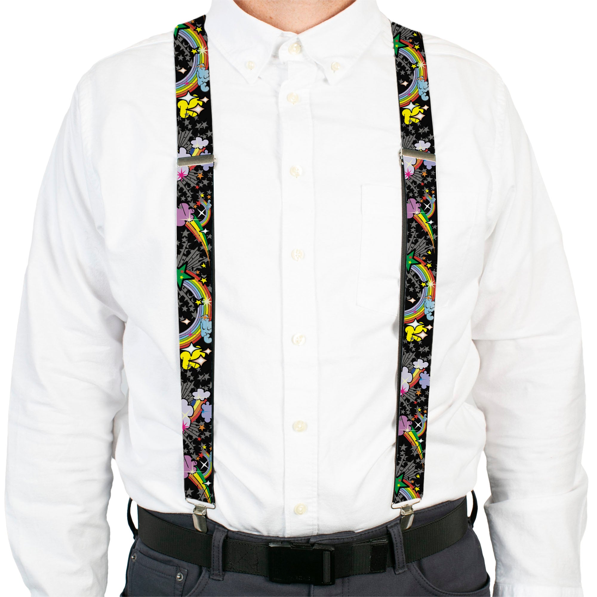 Suspenders - Rainbow Cloud Stars Black Suspenders Buckle-Down