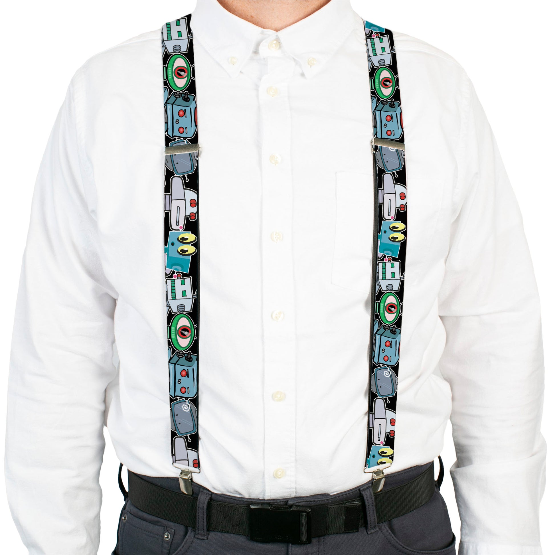 Suspenders - Robots CLOSE-UP Black Suspenders Buckle-Down