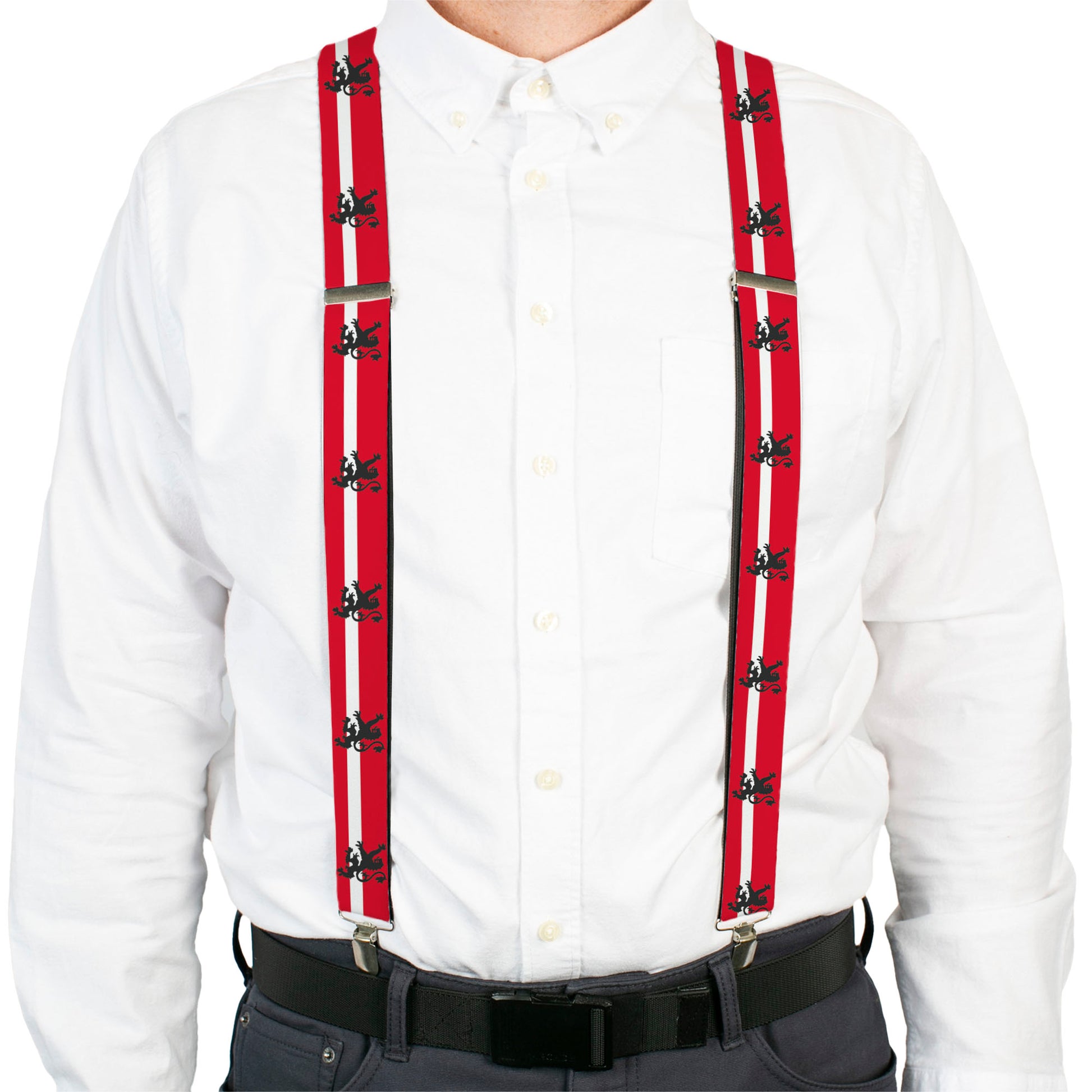 Suspenders - Rampant Lion Repeat/Stripes Red/White/Black Suspenders Buckle-Down