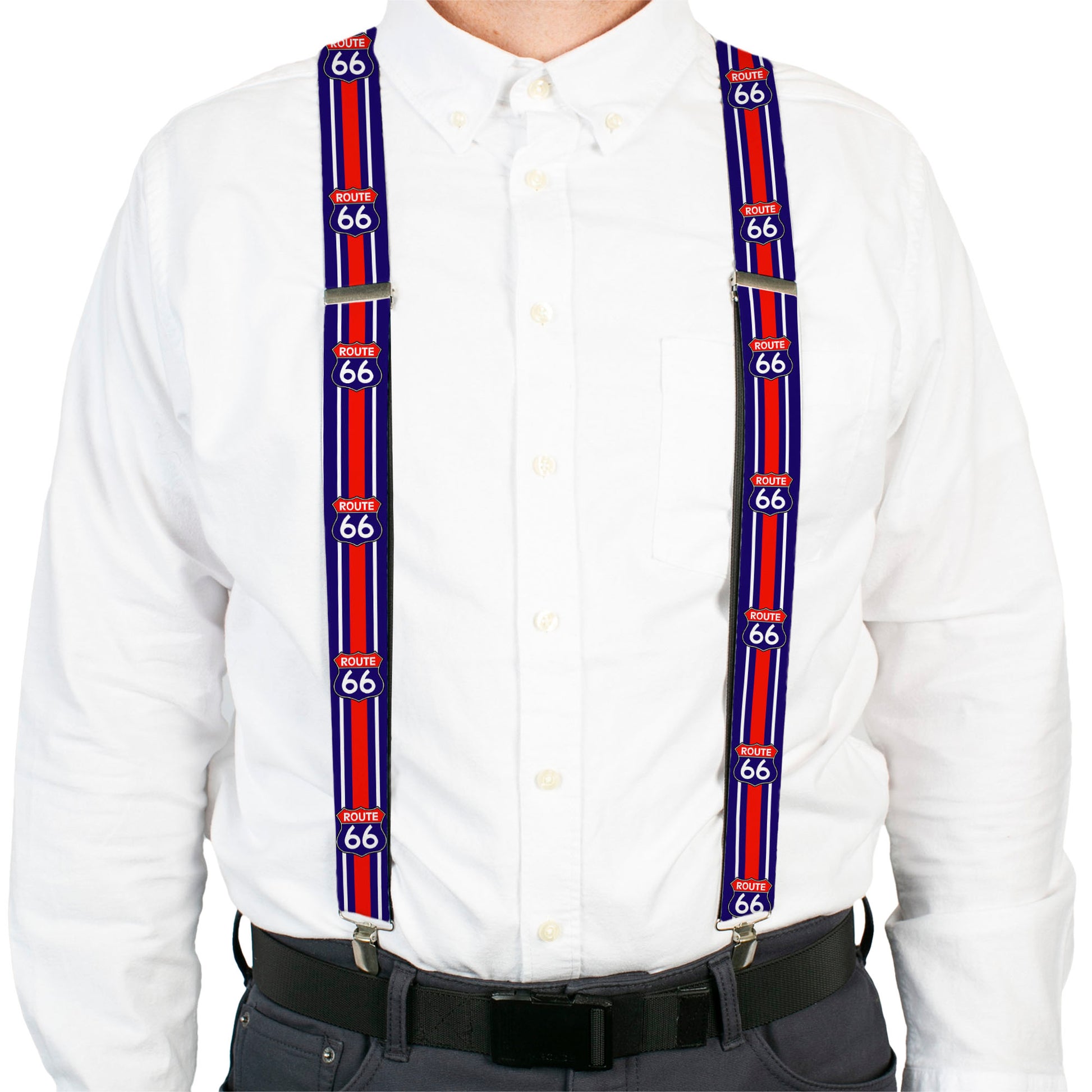 Suspenders - ROUTE 66 Highway Sign/Stripe Blue/White/Red Suspenders Buckle-Down