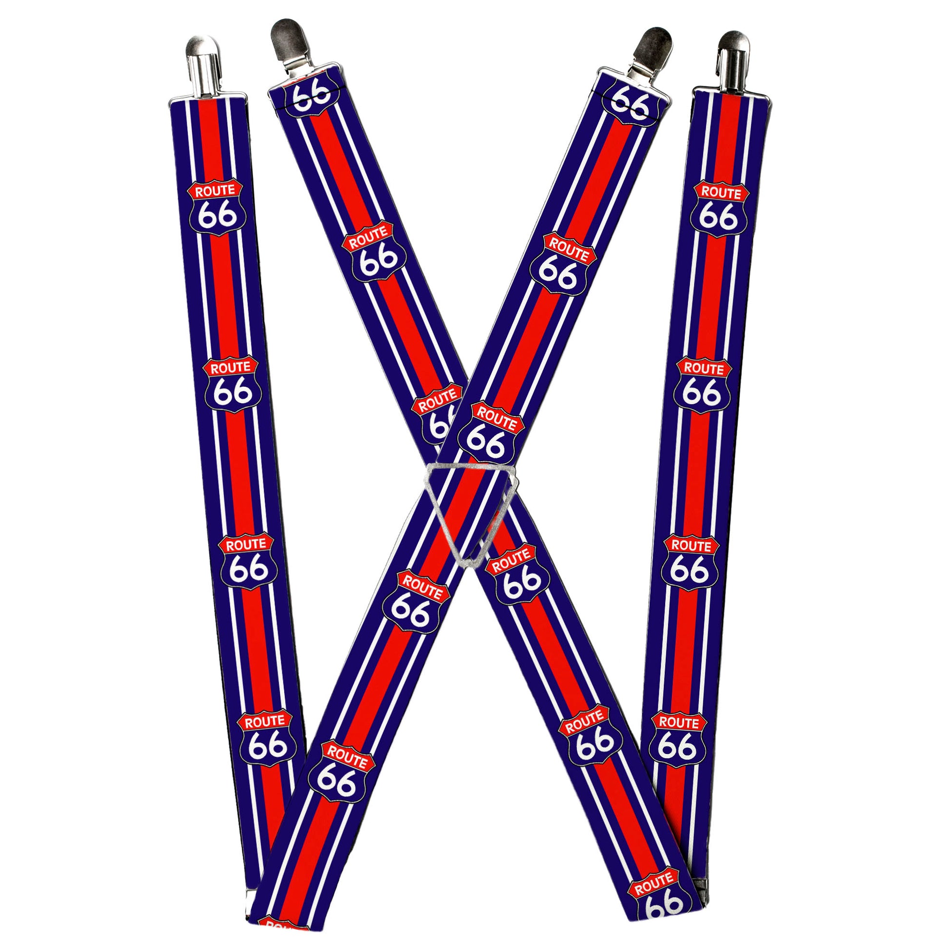 Suspenders - ROUTE 66 Highway Sign/Stripe Blue/White/Red Suspenders Buckle-Down