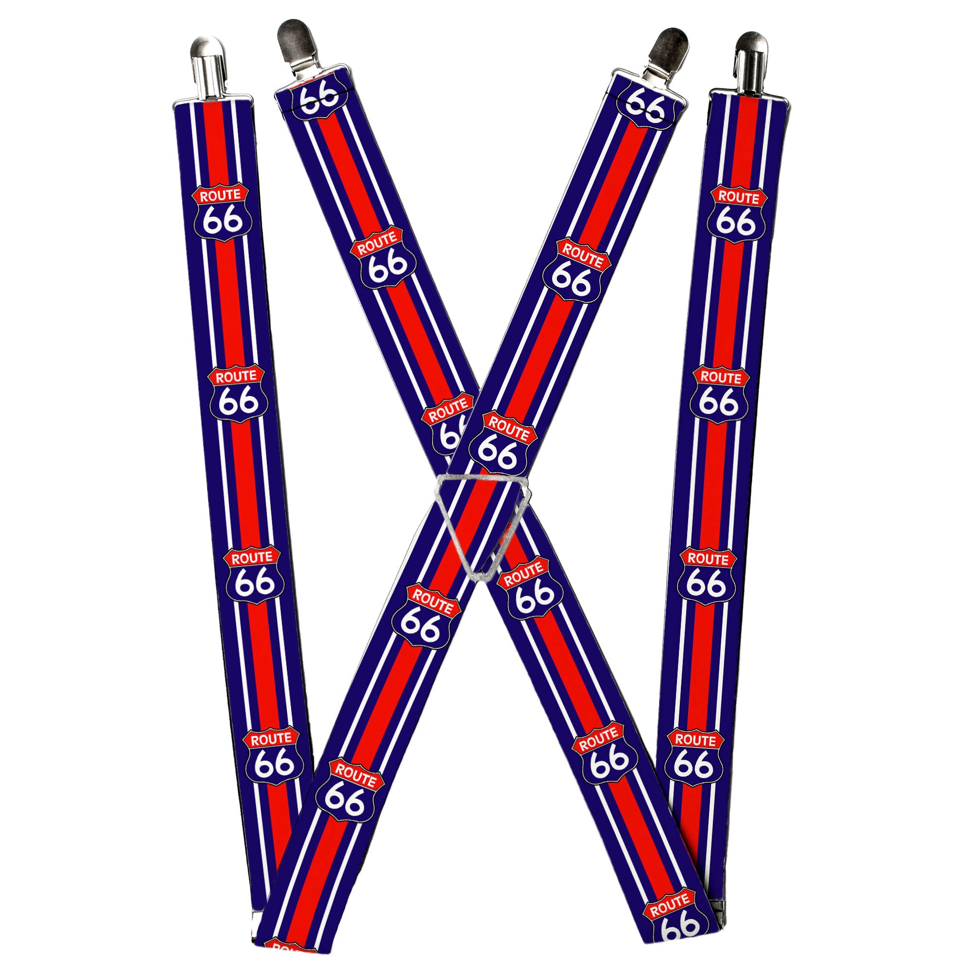 Suspenders - ROUTE 66 Highway Sign/Stripe Blue/White/Red Suspenders Buckle-Down