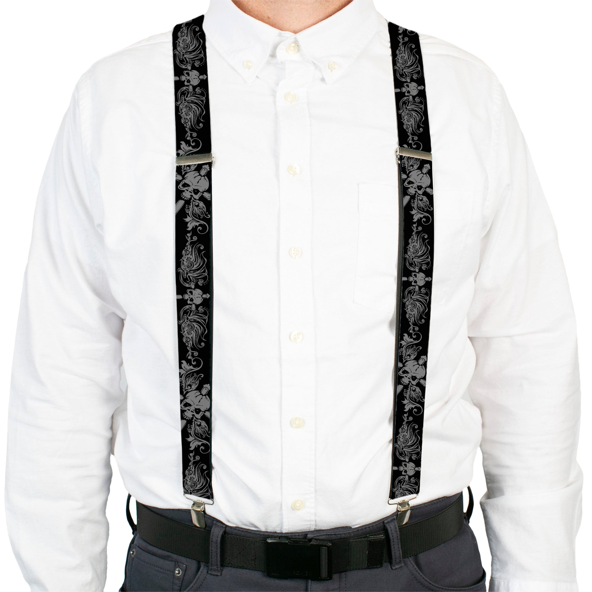 Suspenders - Skull & Dagger w/Filigree Black/Gray Suspenders Buckle-Down