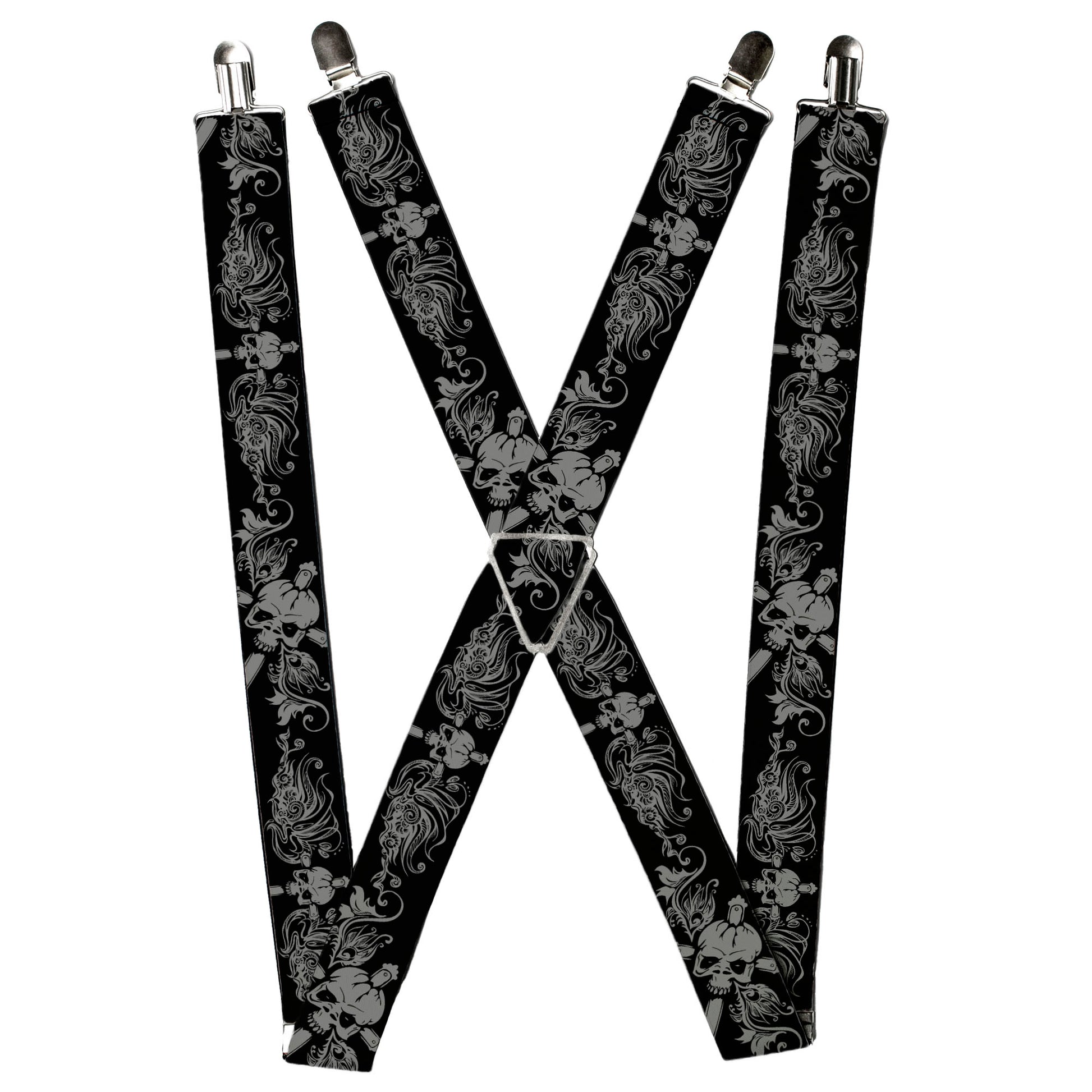 Suspenders - Skull & Dagger w/Filigree Black/Gray Suspenders Buckle-Down