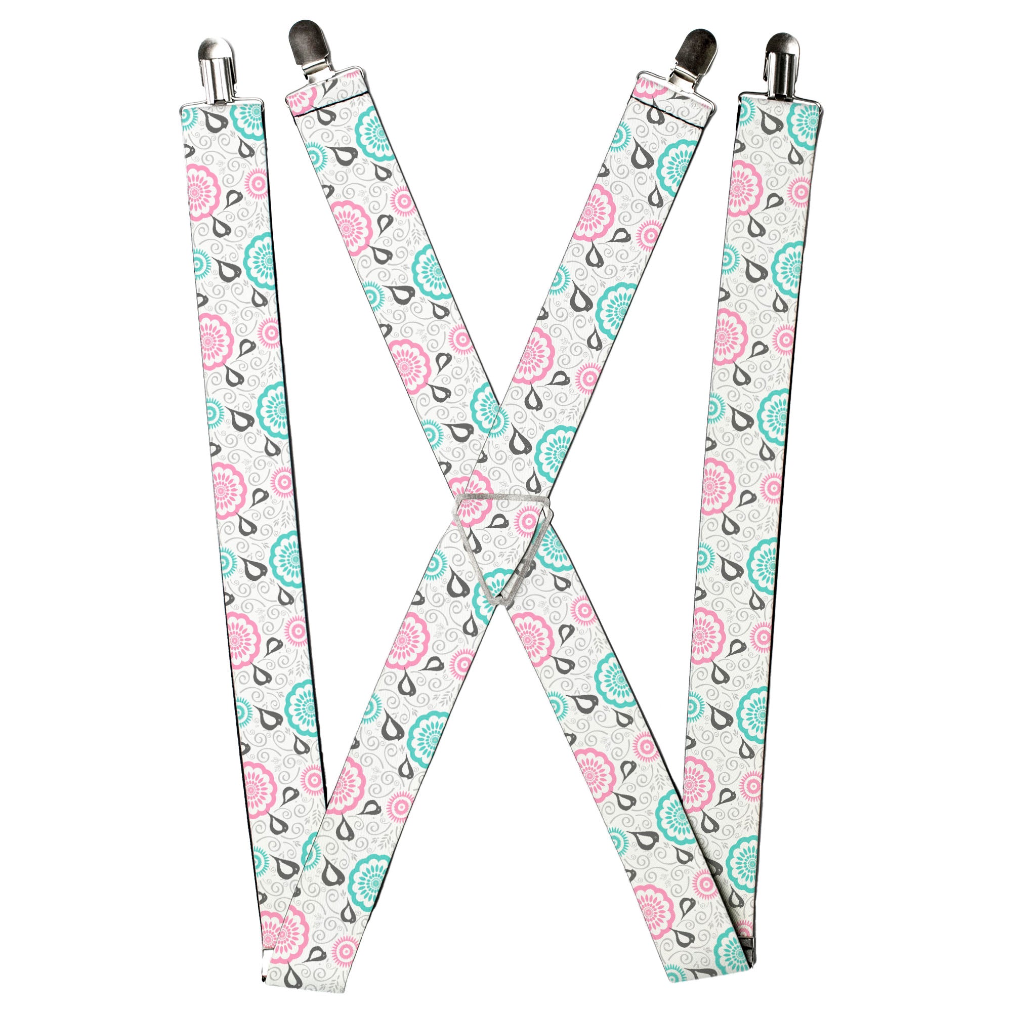 Suspenders - Bird Tapestry White/Gray/Turquoise/Pink Suspenders Buckle-Down