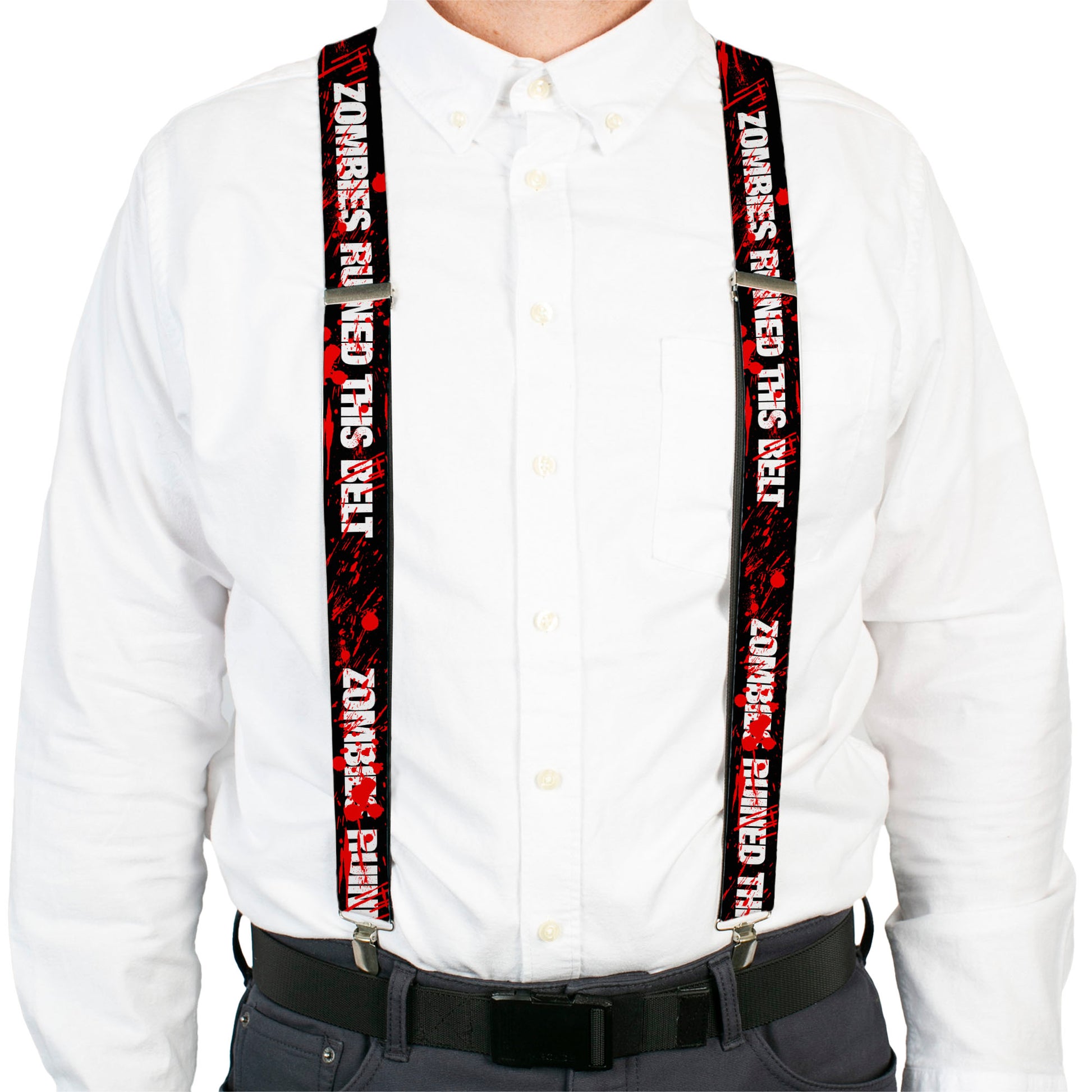 Suspenders - ZOMBIES RUINED THIS BELT Black/White/Red Splatter Suspenders Buckle-Down