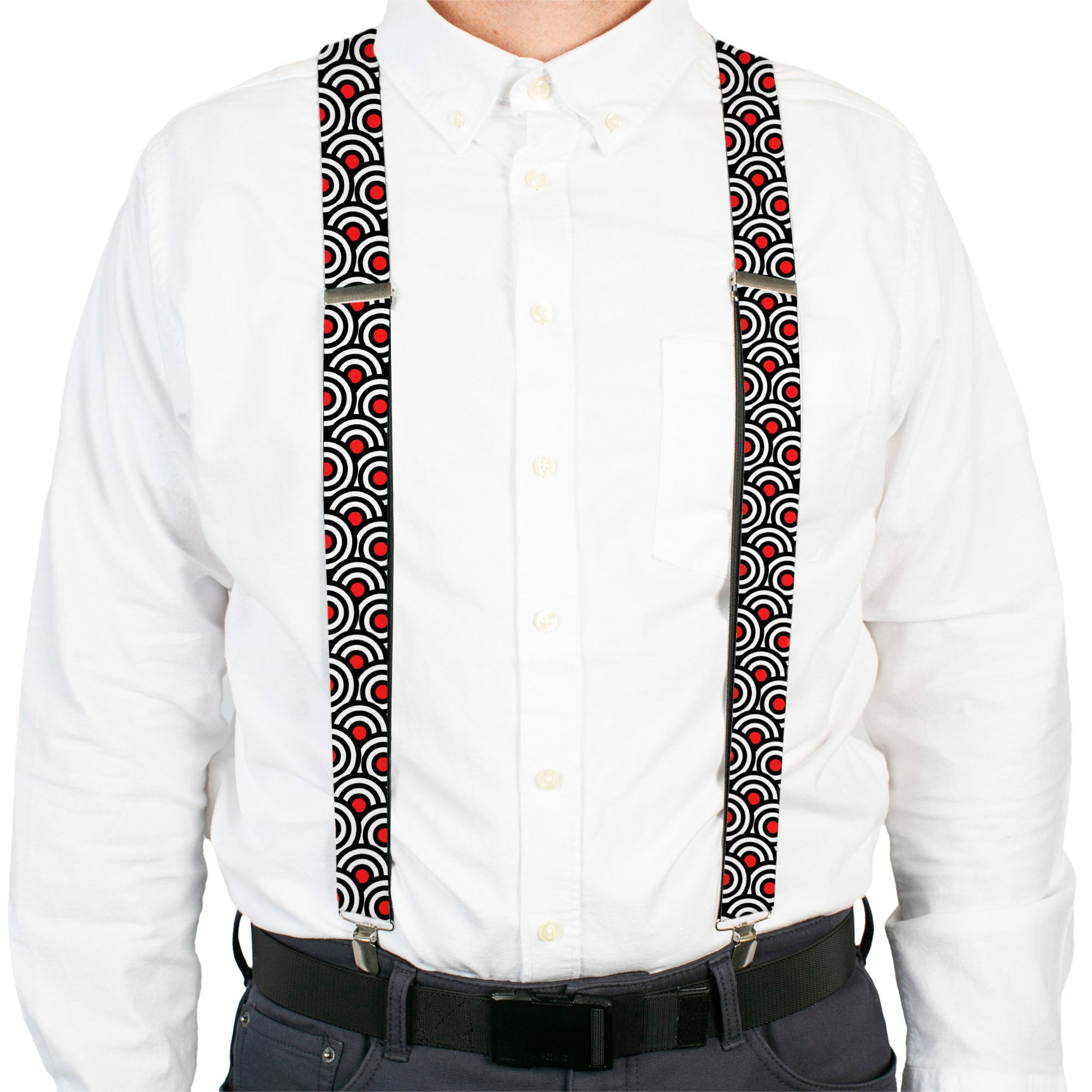Suspenders - Bullseye Stacked Black/White/Red Suspenders Buckle-Down