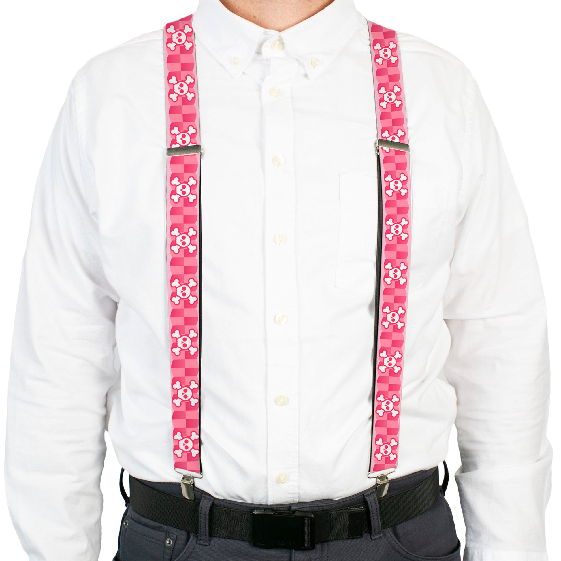 Suspenders - Cute Skulls w/Checkers Pinks/White Suspenders Buckle-Down