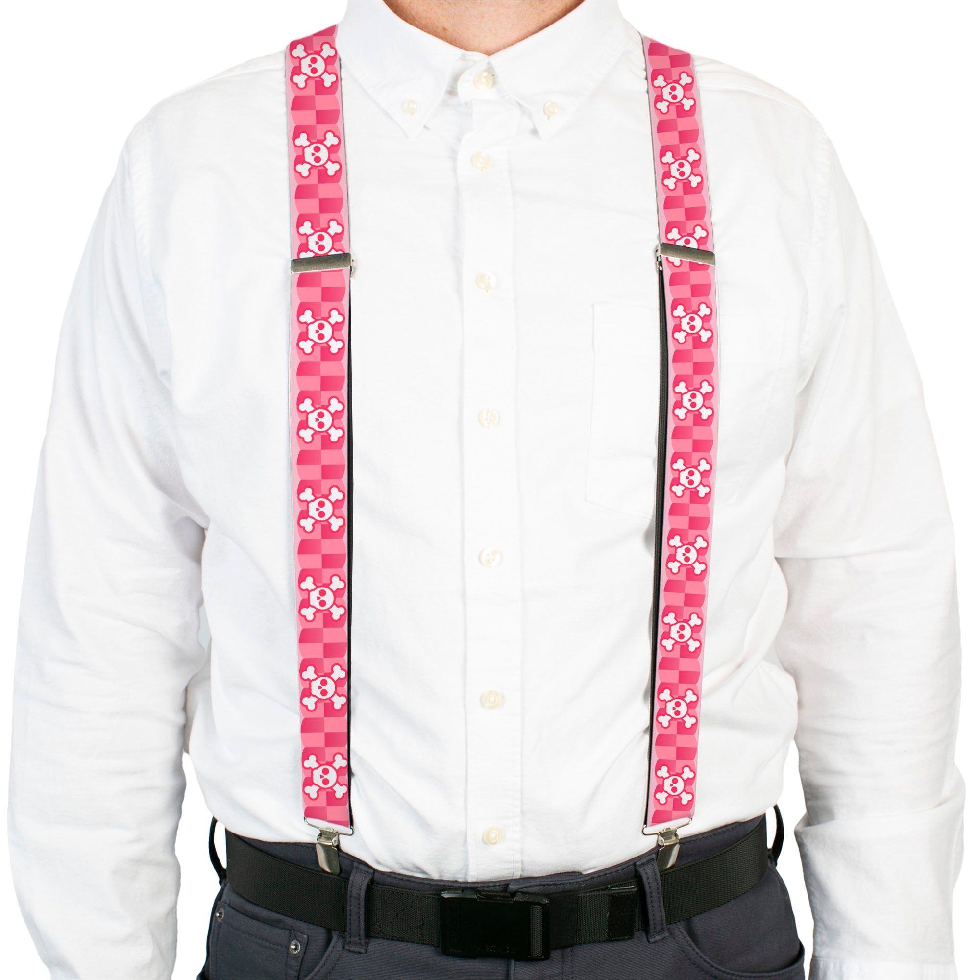 Suspenders - Cute Skulls w/Checkers Pinks/White Suspenders Buckle-Down