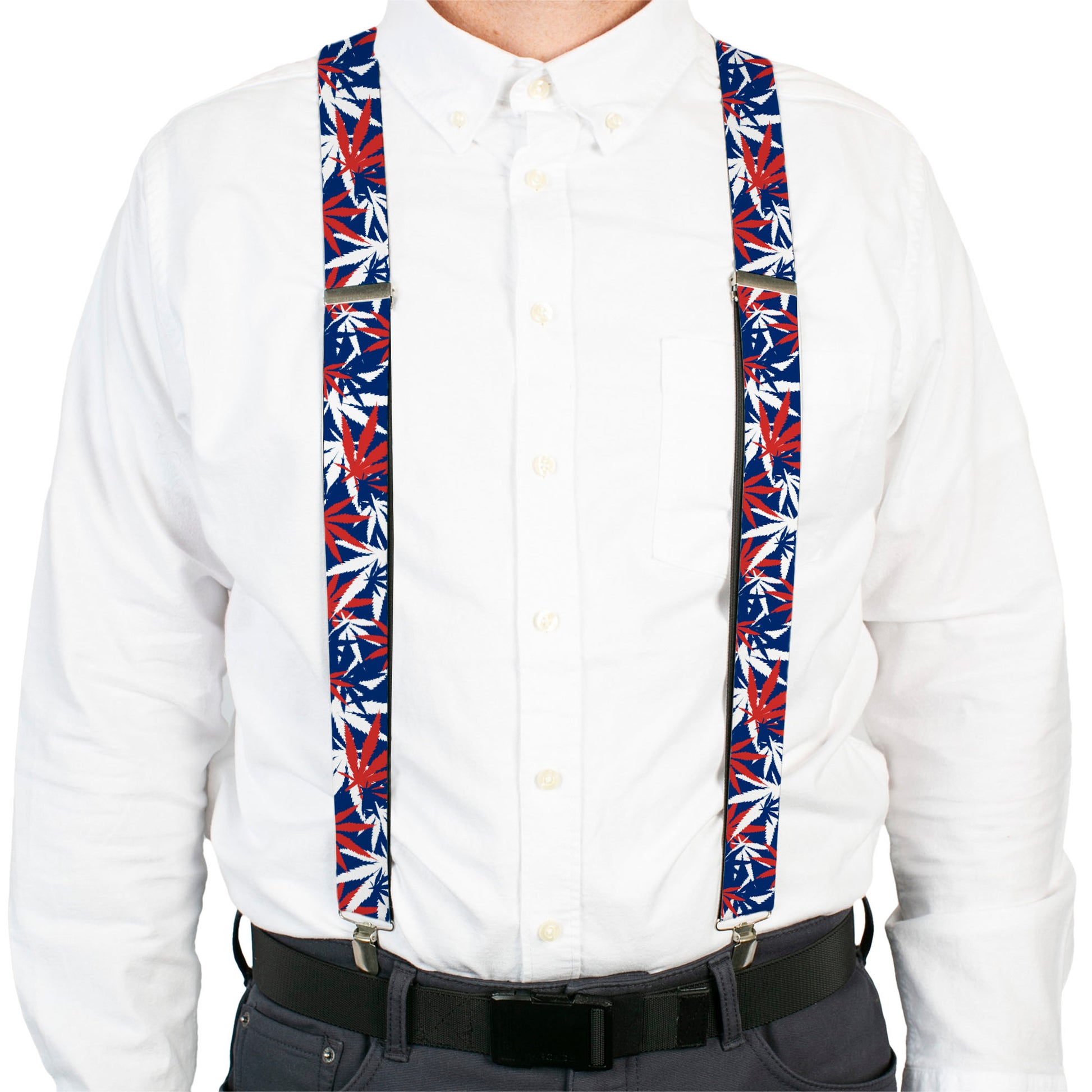 Suspenders - Marijuana Leaves Stacked2 Blue/White/Red Suspenders Buckle-Down