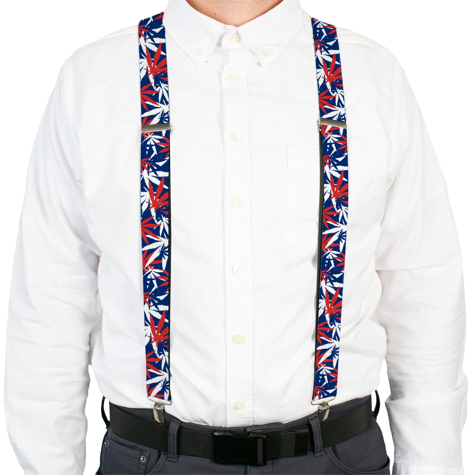 Suspenders - Marijuana Leaves Stacked2 Blue/White/Red Suspenders Buckle-Down