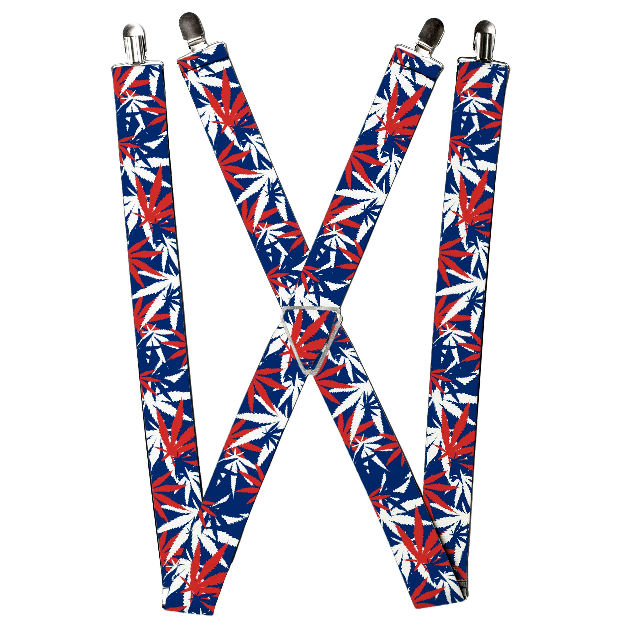 Suspenders - Marijuana Leaves Stacked2 Blue/White/Red Suspenders Buckle-Down