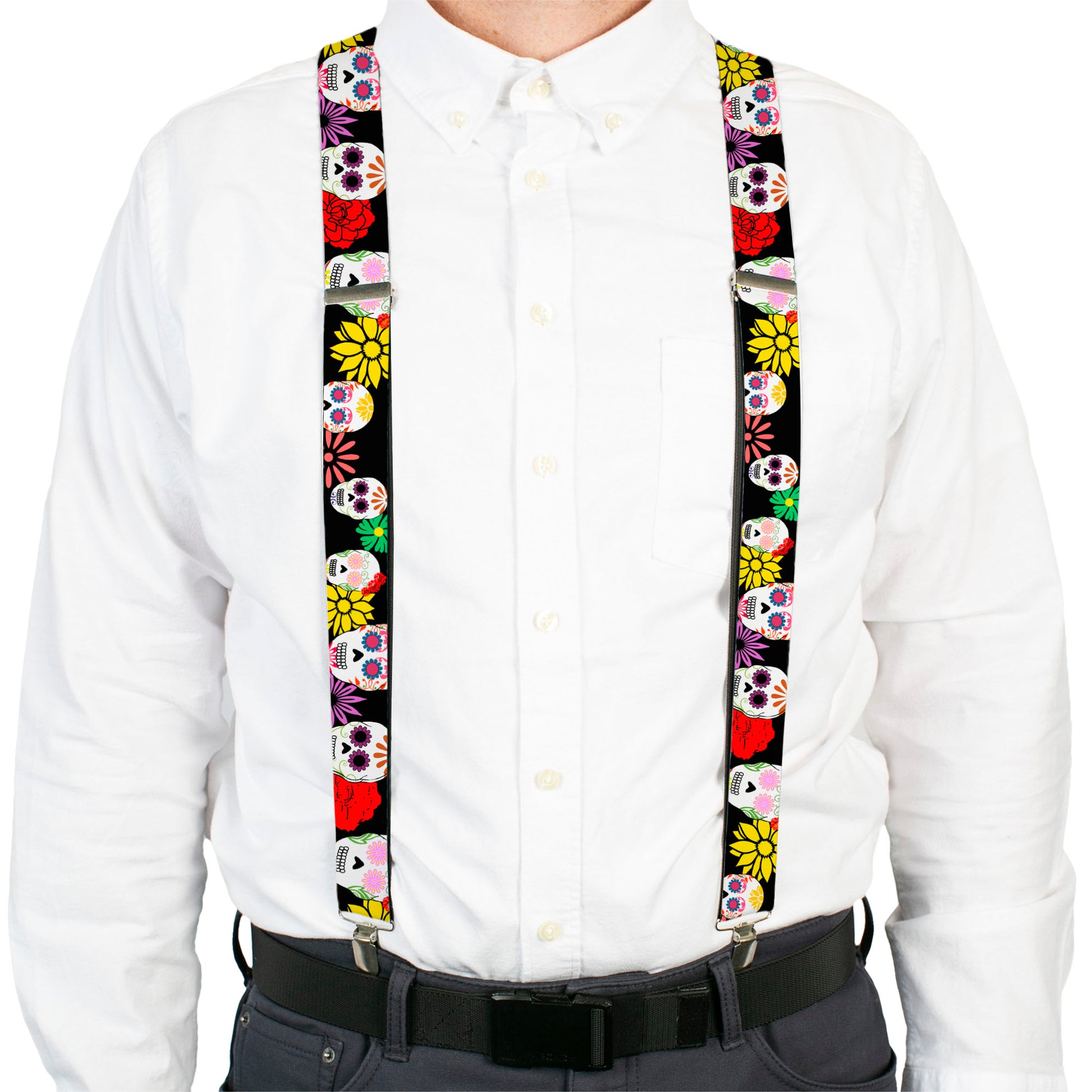 Suspenders - Sugar Skulls & Flowers Black/Multi Color Suspenders Buckle-Down