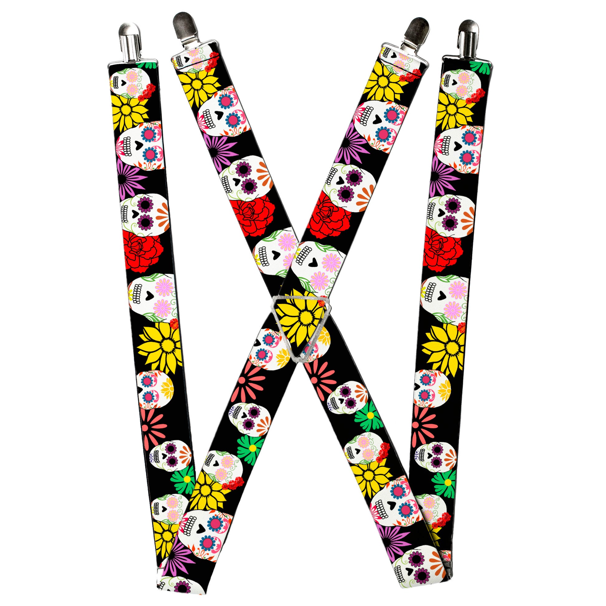 Suspenders - Sugar Skulls & Flowers Black/Multi Color Suspenders Buckle-Down