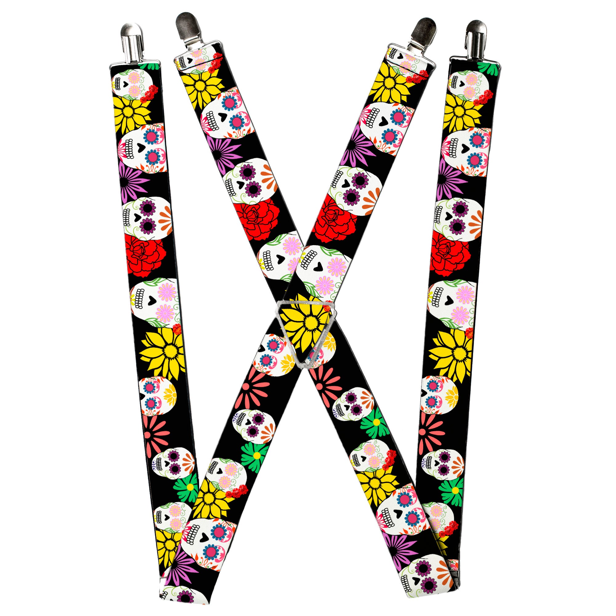 Suspenders - Sugar Skulls & Flowers Black/Multi Color Suspenders Buckle-Down