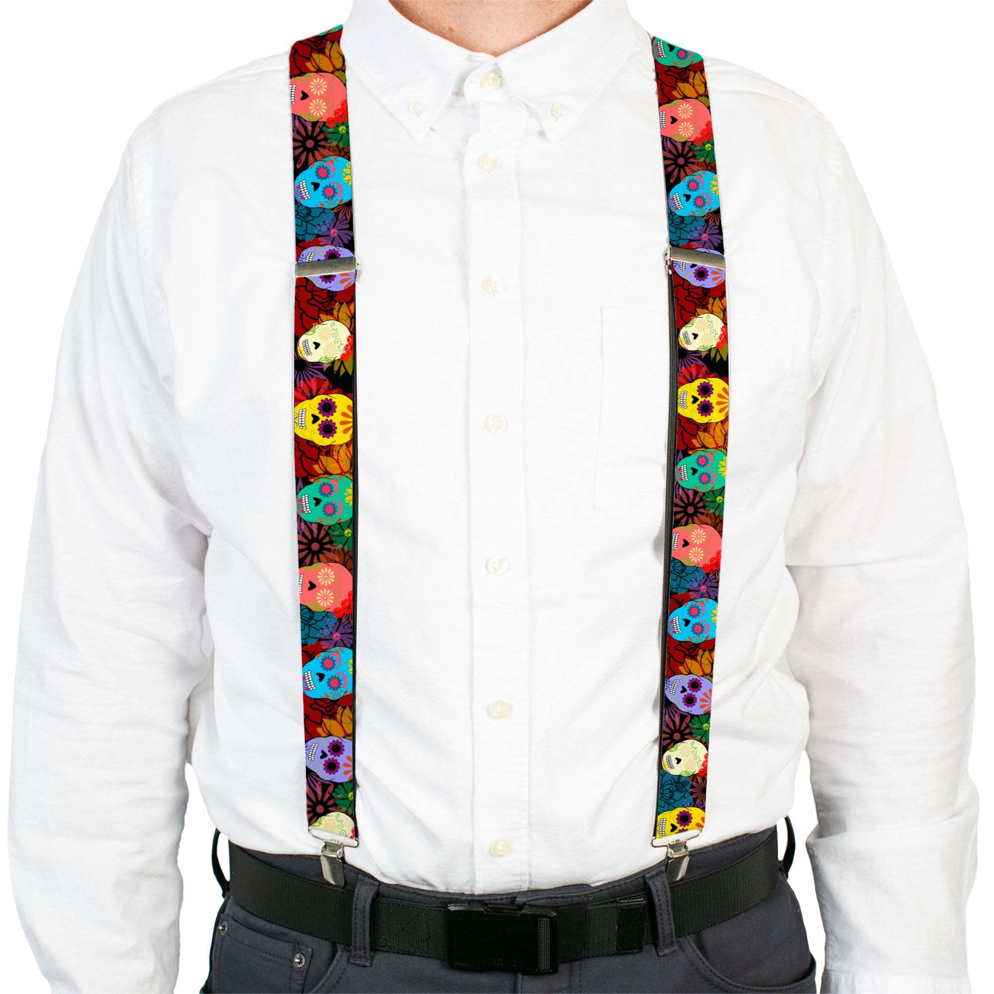Suspenders - Painted Sugar Skulls & Flowers Collage Suspenders Buckle-Down
