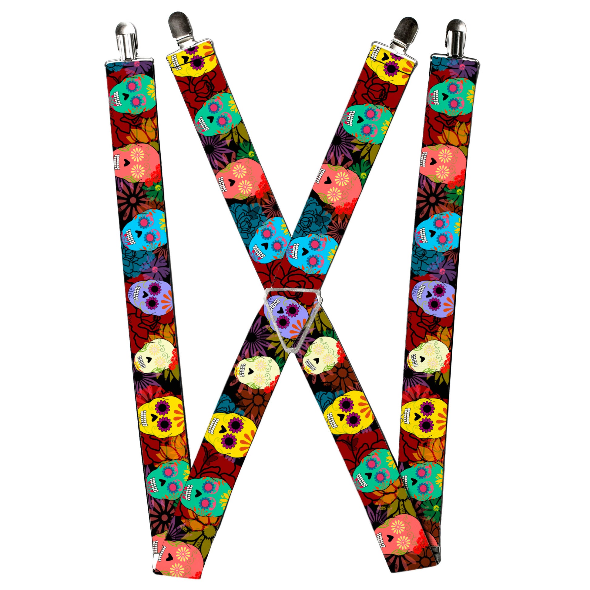 Suspenders - Painted Sugar Skulls & Flowers Collage Suspenders Buckle-Down