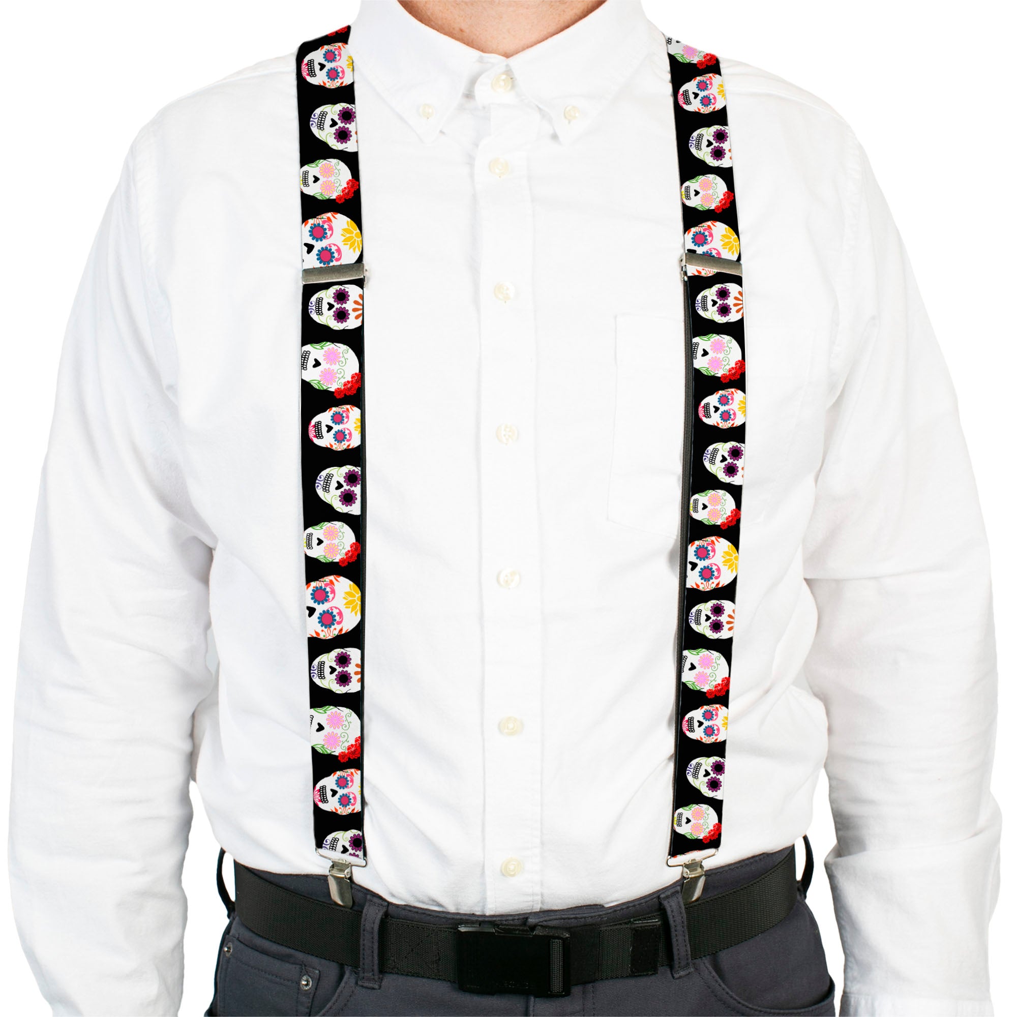 Suspenders - Staggered Sugar Skulls Black/Multi Color Suspenders Buckle-Down