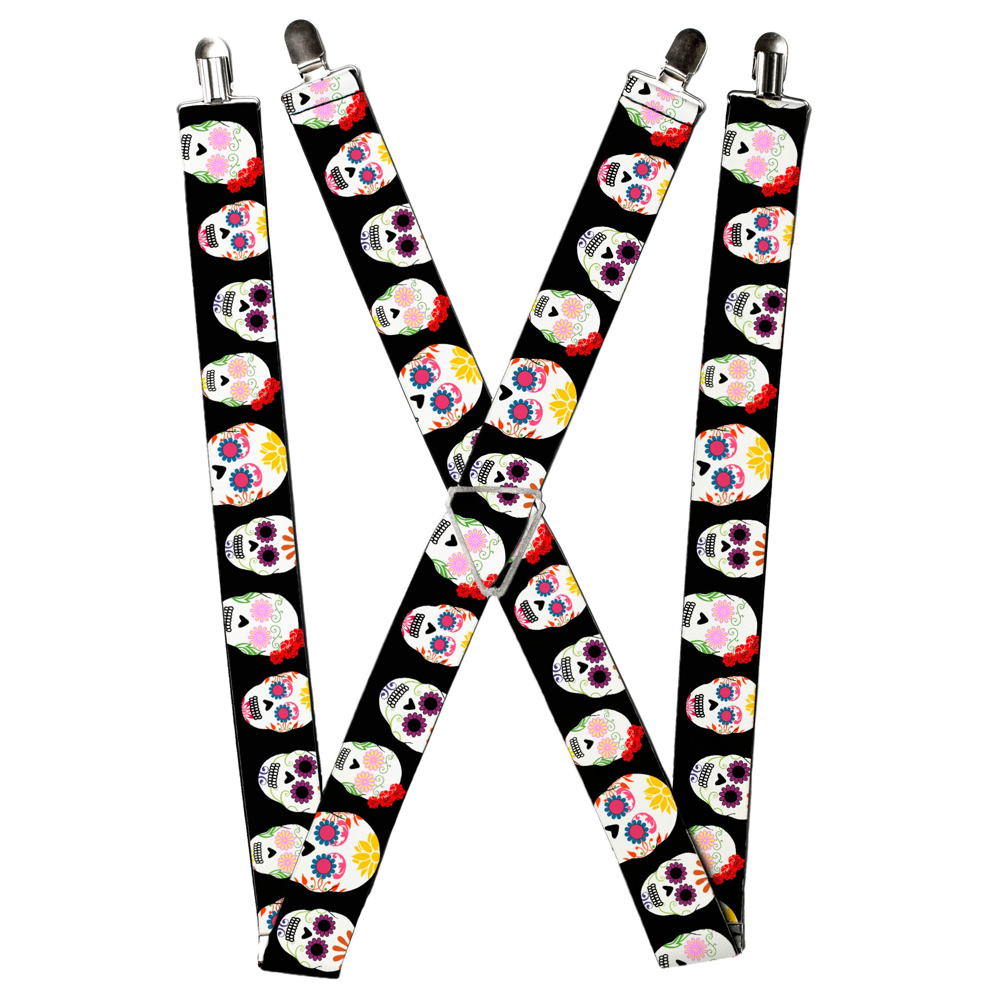 Suspenders - Staggered Sugar Skulls Black/Multi Color Suspenders Buckle-Down