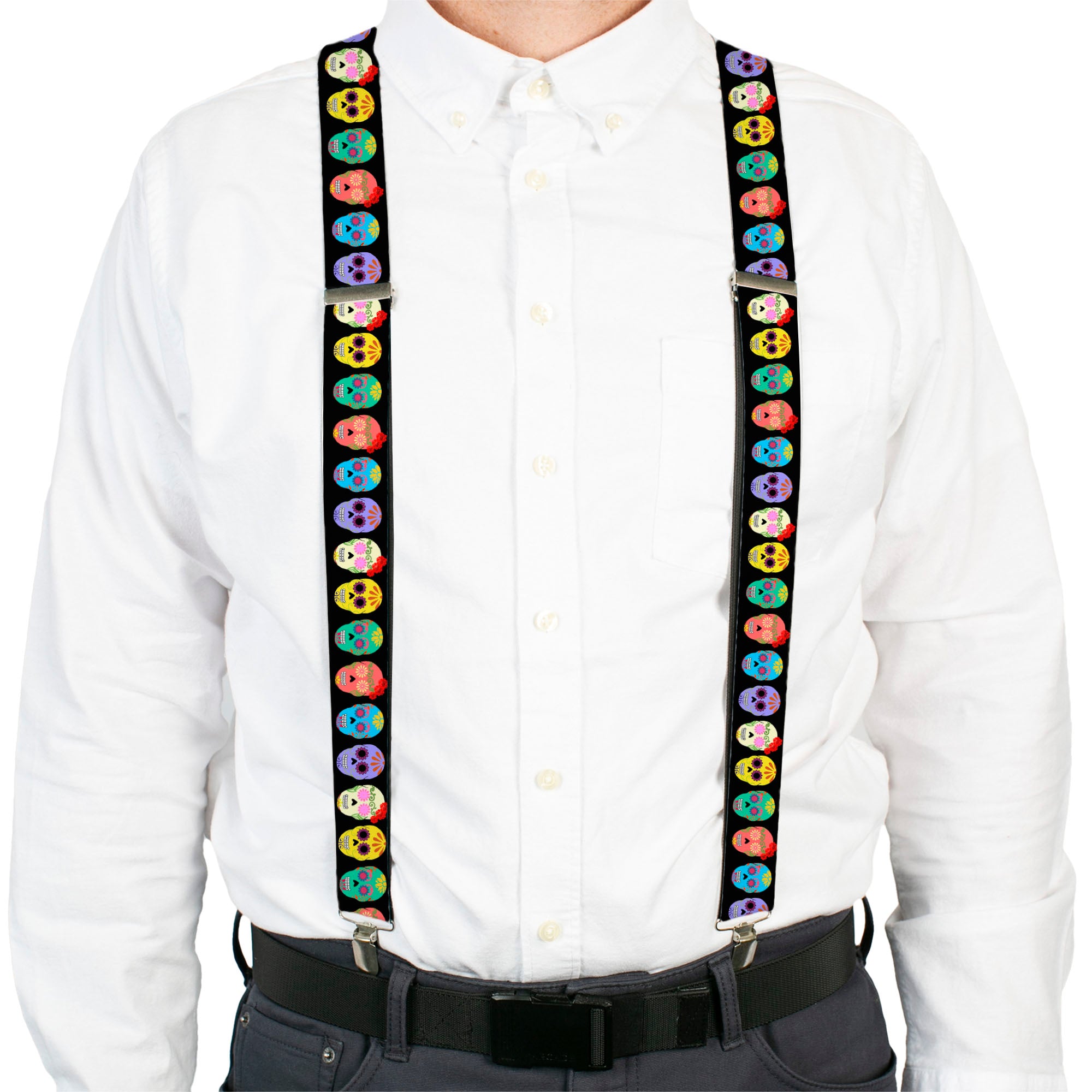 Suspenders - Painted Sugar Skulls Black/Multi Color Suspenders Buckle-Down