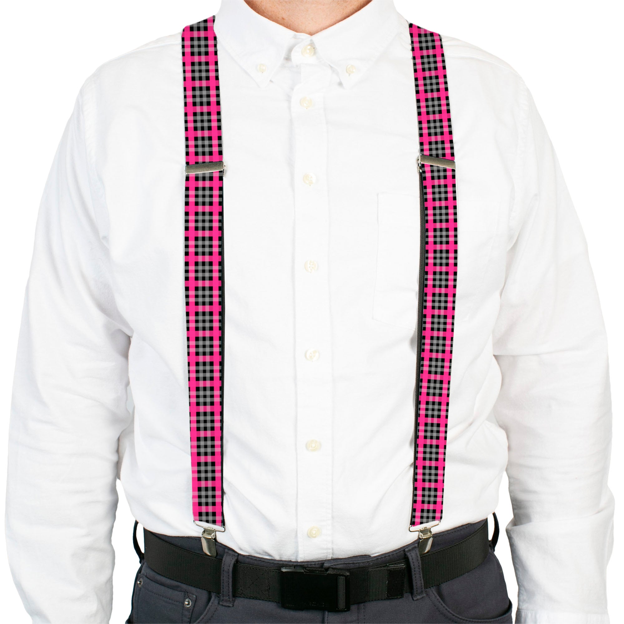 Suspenders - Plaid Black/Gray/Fuchsia Suspenders Buckle-Down