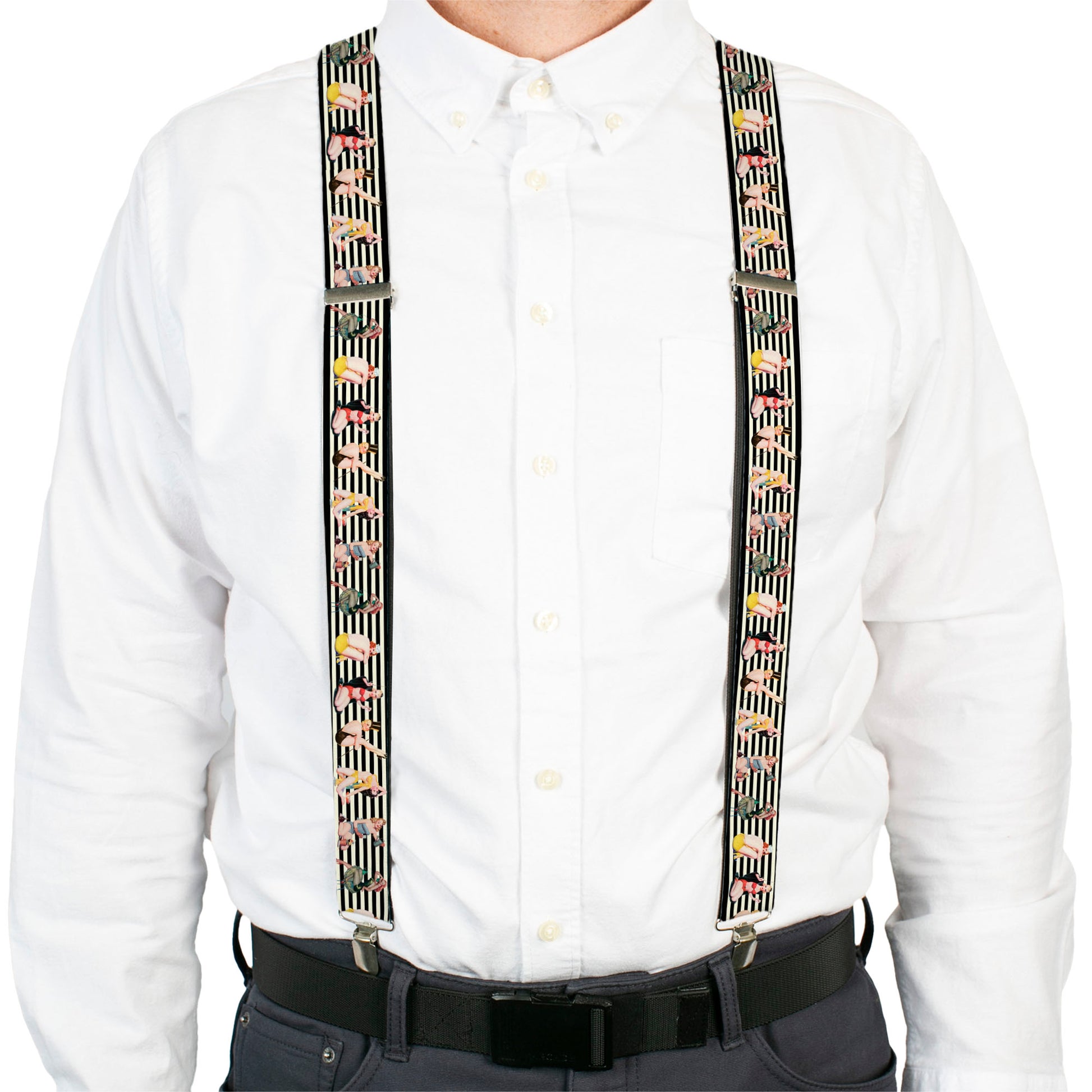 Suspenders - Pin Up Girl Poses Stripe Black/White Suspenders Buckle-Down