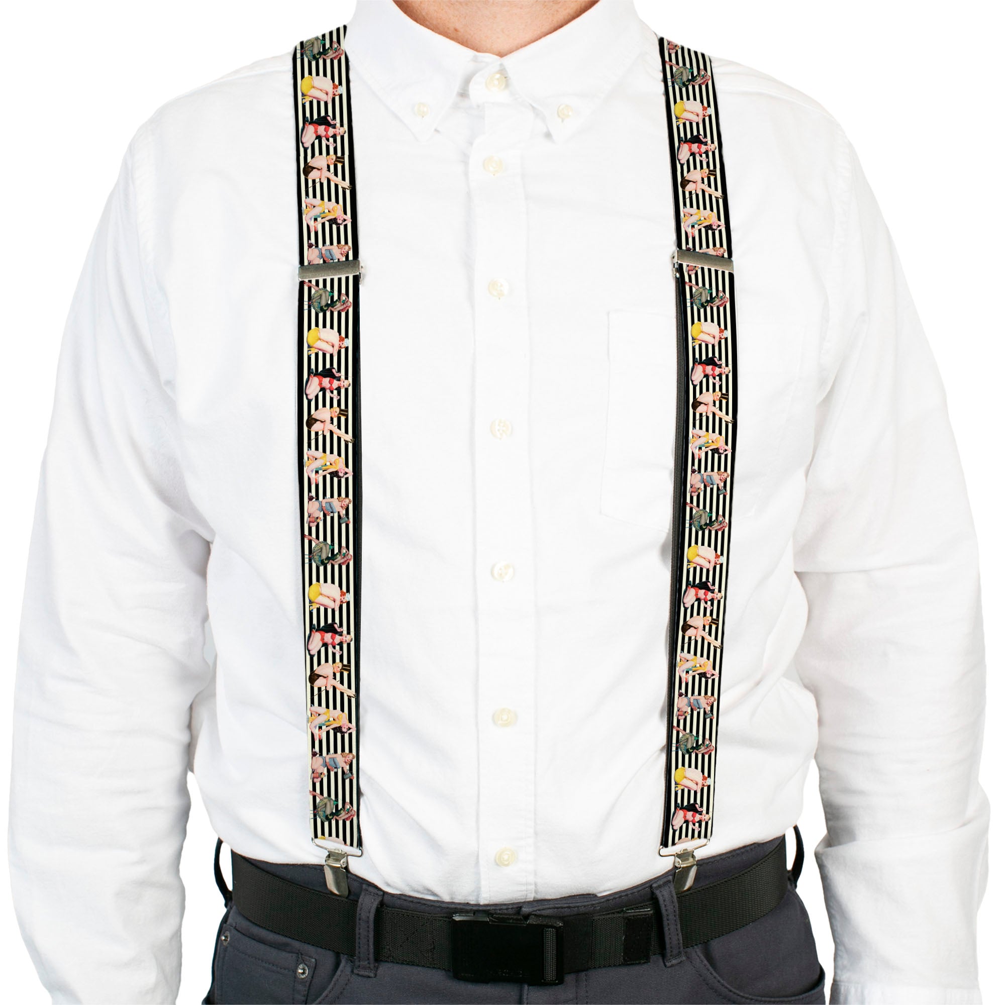 Suspenders - Pin Up Girl Poses Stripe Black/White Suspenders Buckle-Down