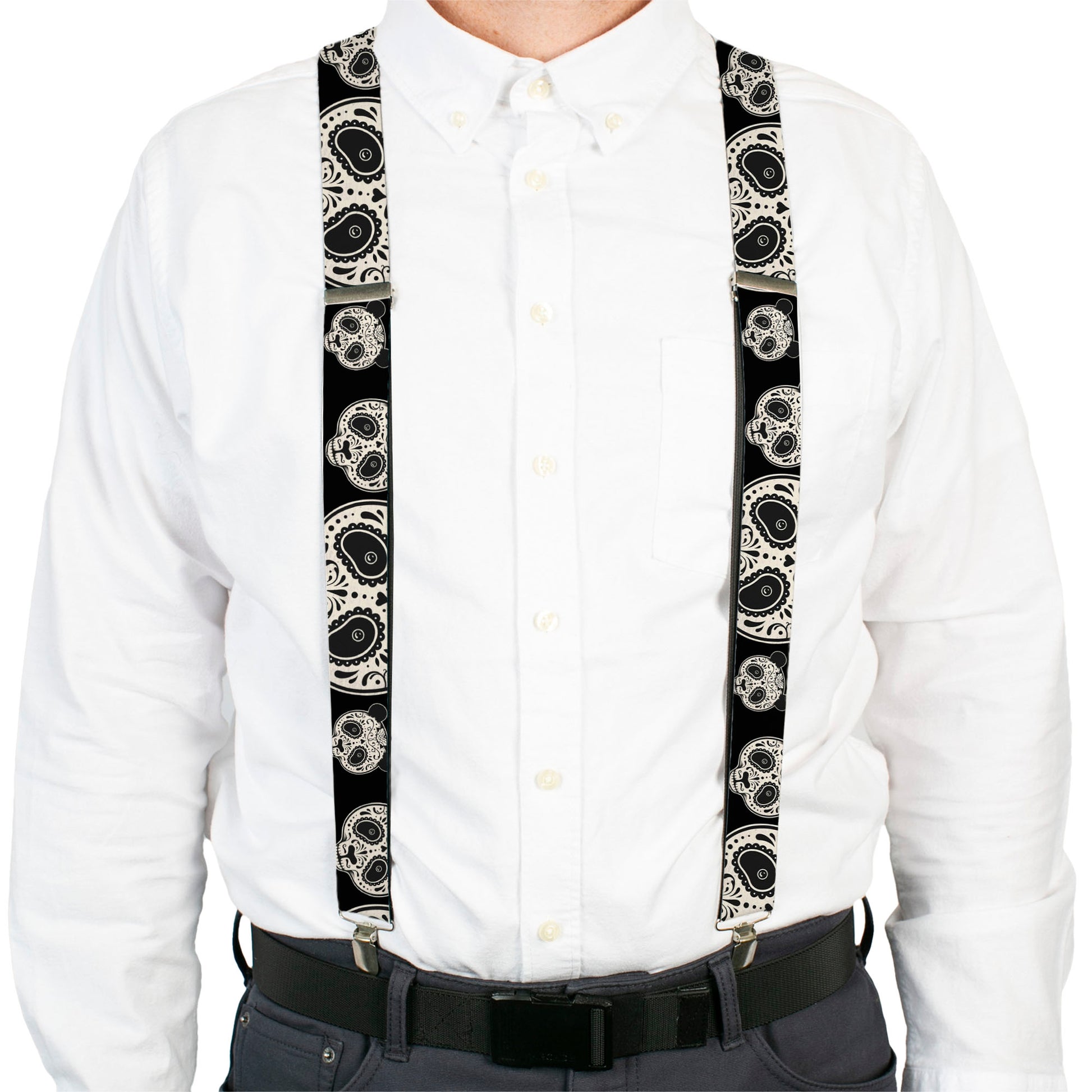 Suspenders - Panda Bear Sugar Skull CLOSE-UP Scattered Black/Cream Suspenders Buckle-Down