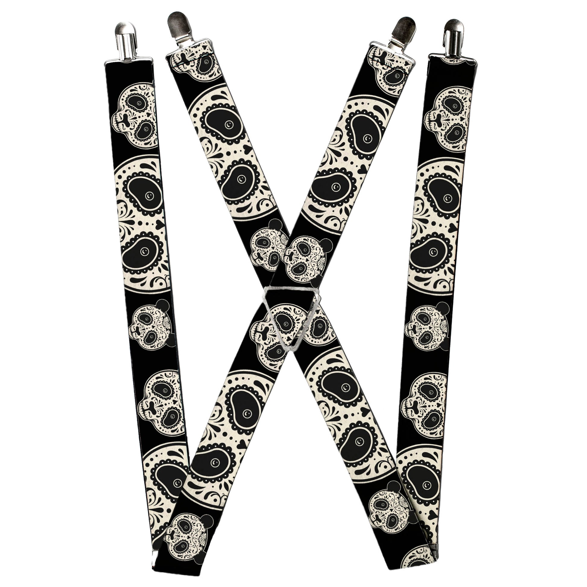 Suspenders - Panda Bear Sugar Skull CLOSE-UP Scattered Black/Cream Suspenders Buckle-Down