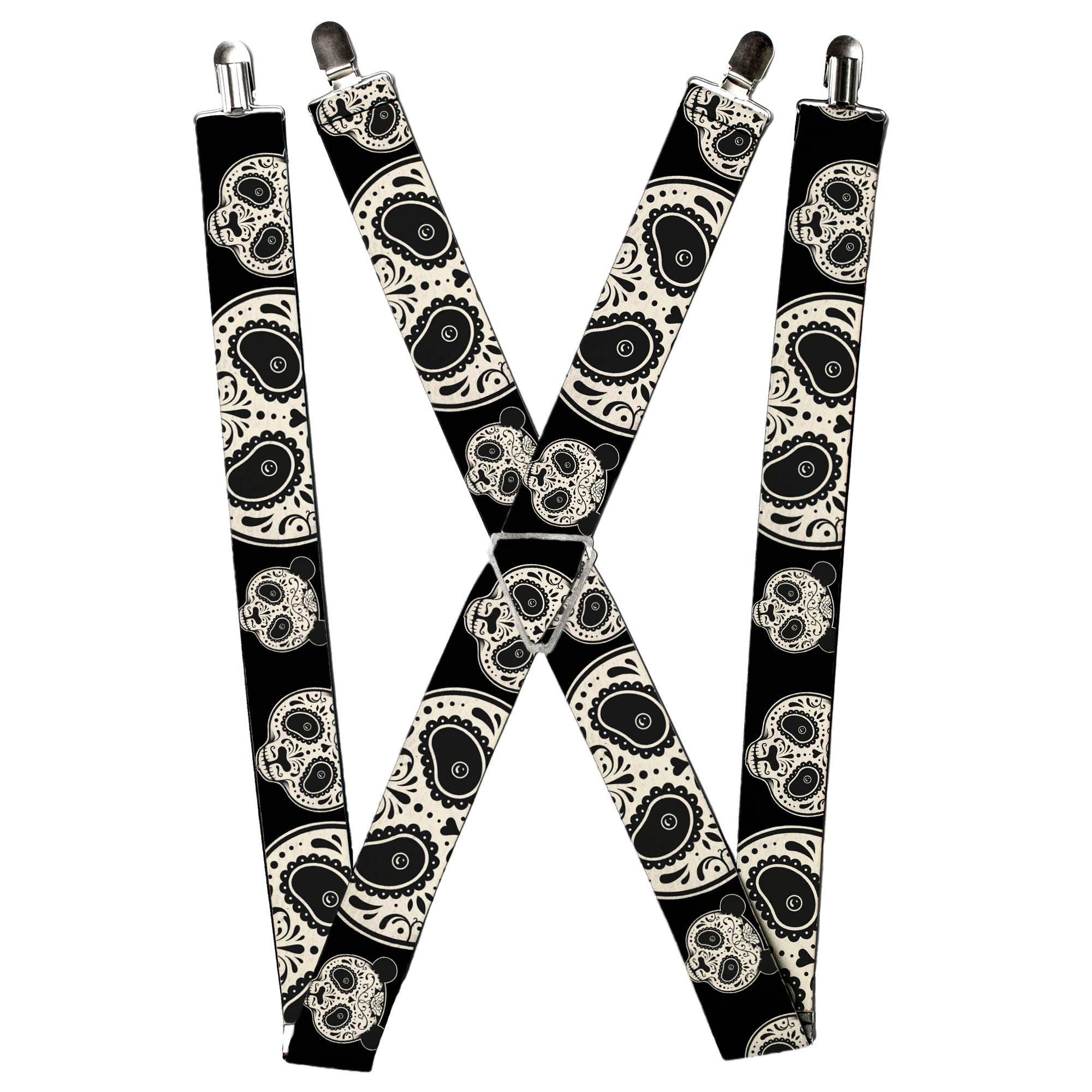 Suspenders - Panda Bear Sugar Skull CLOSE-UP Scattered Black/Cream Suspenders Buckle-Down