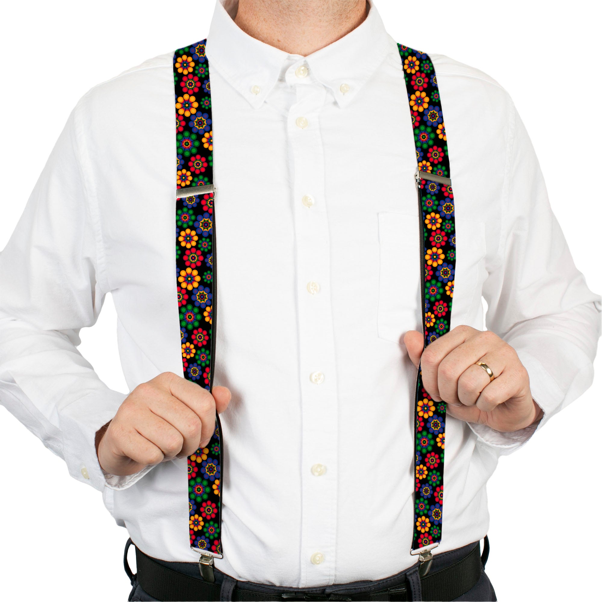 Suspenders - 1.5" - Psychedelic Daisies Black/Multi Color Suspenders Buckle-Down