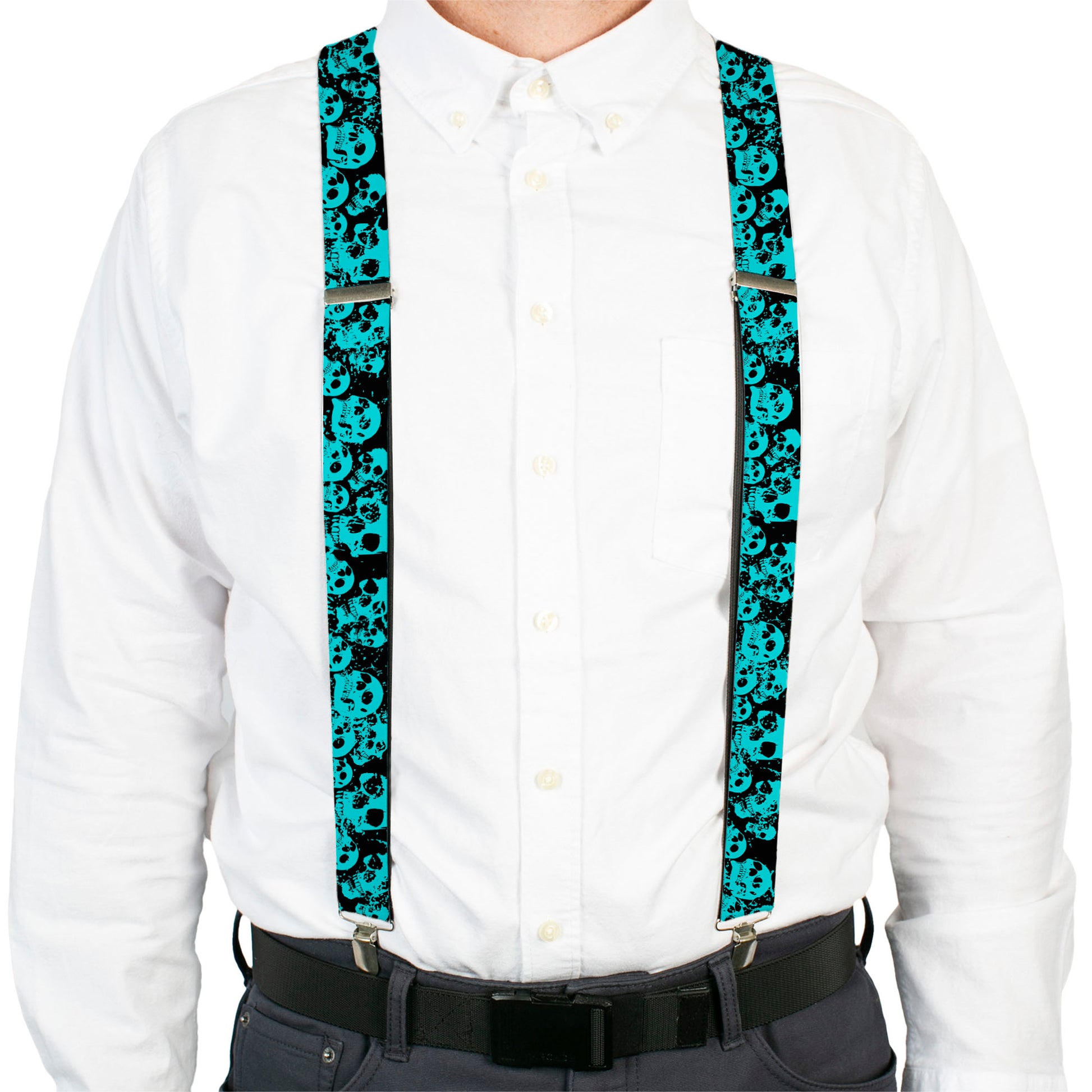 Suspenders - Skulls Stacked Weathered Black/Teal Suspenders Buckle-Down