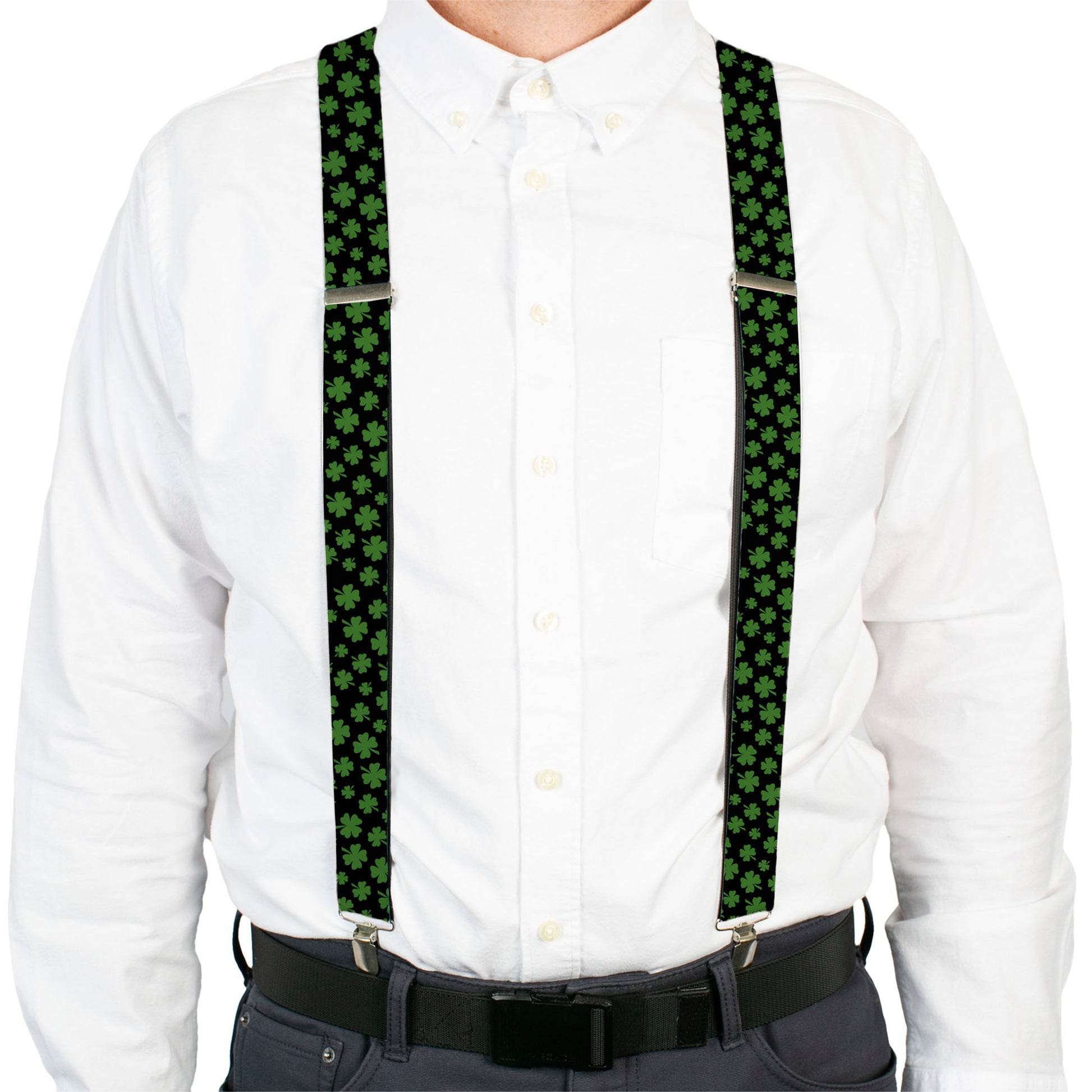 Suspenders - St. Pat's Clovers Scattered Black/Green Suspenders Buckle-Down