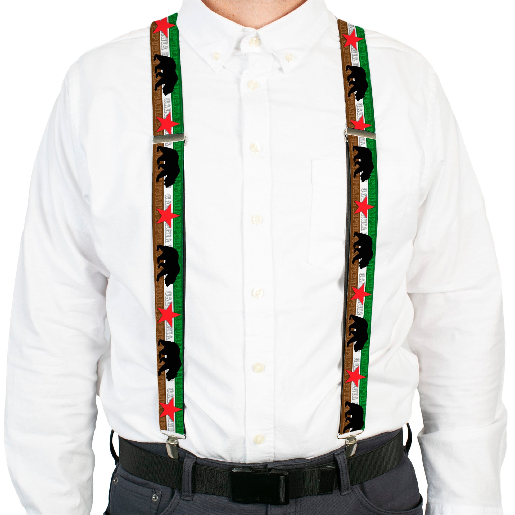 Suspenders - Cali Bear Silhouette & Star/CALIFORNIA REPUBLIC Green/White/Brown/Black/Red Suspenders Buckle-Down