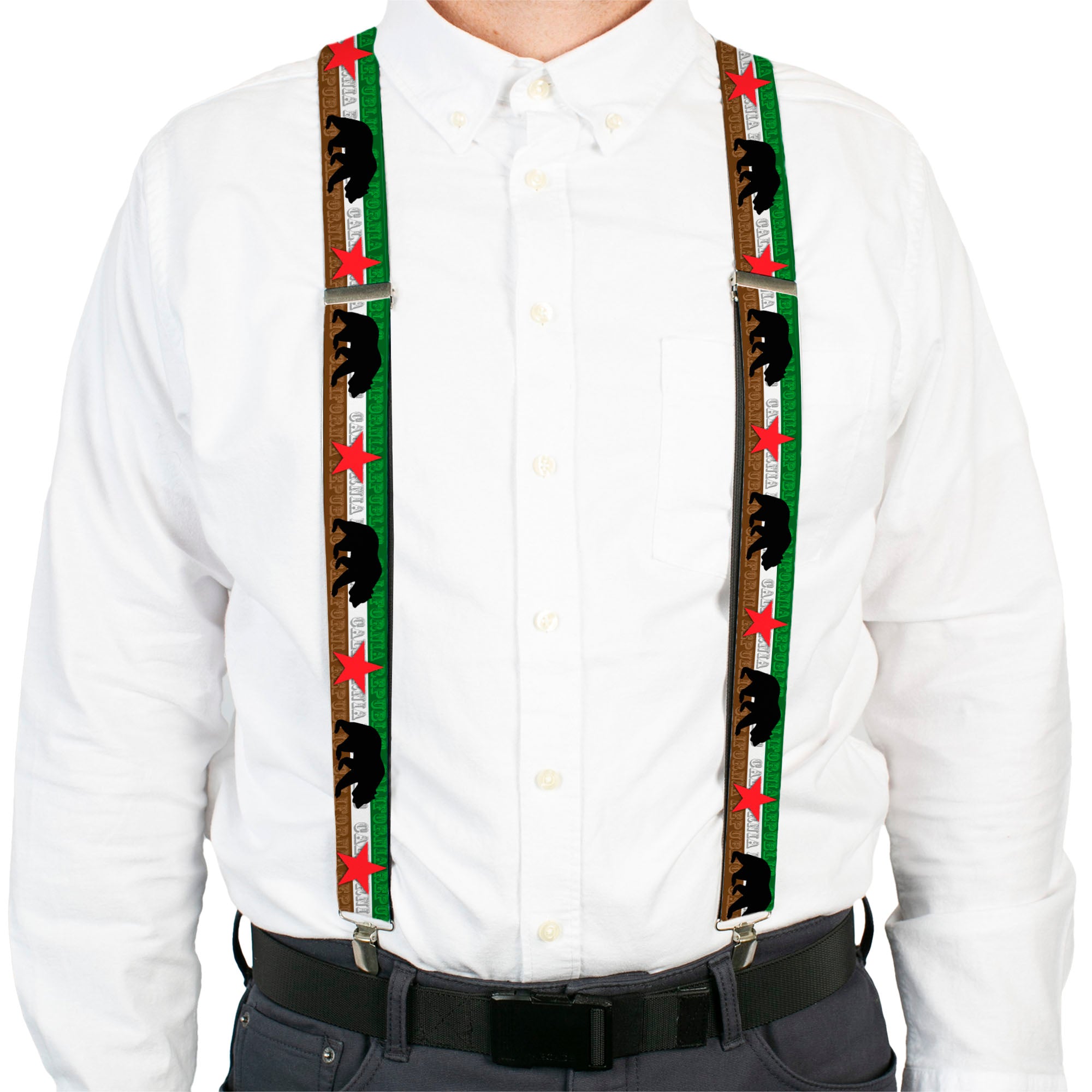 Suspenders - Cali Bear Silhouette & Star/CALIFORNIA REPUBLIC Green/White/Brown/Black/Red Suspenders Buckle-Down