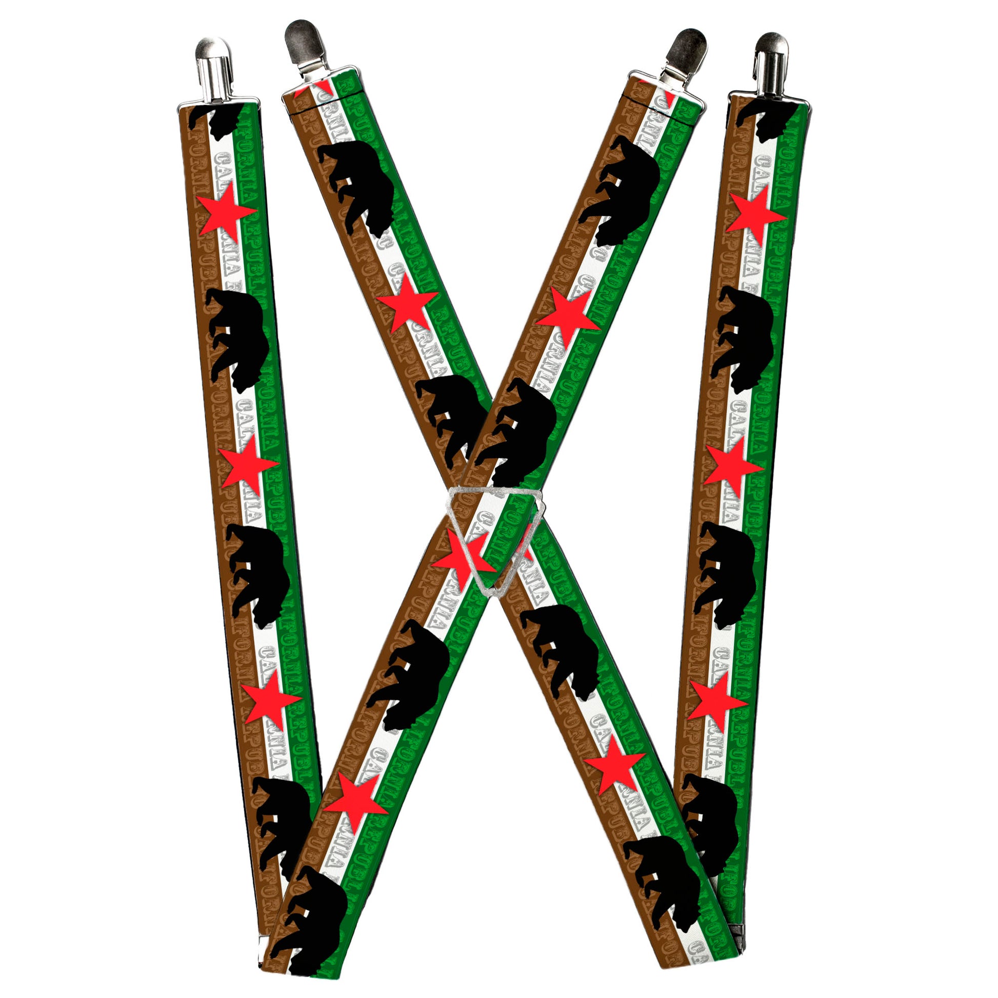 Suspenders - Cali Bear Silhouette & Star/CALIFORNIA REPUBLIC Green/White/Brown/Black/Red Suspenders Buckle-Down