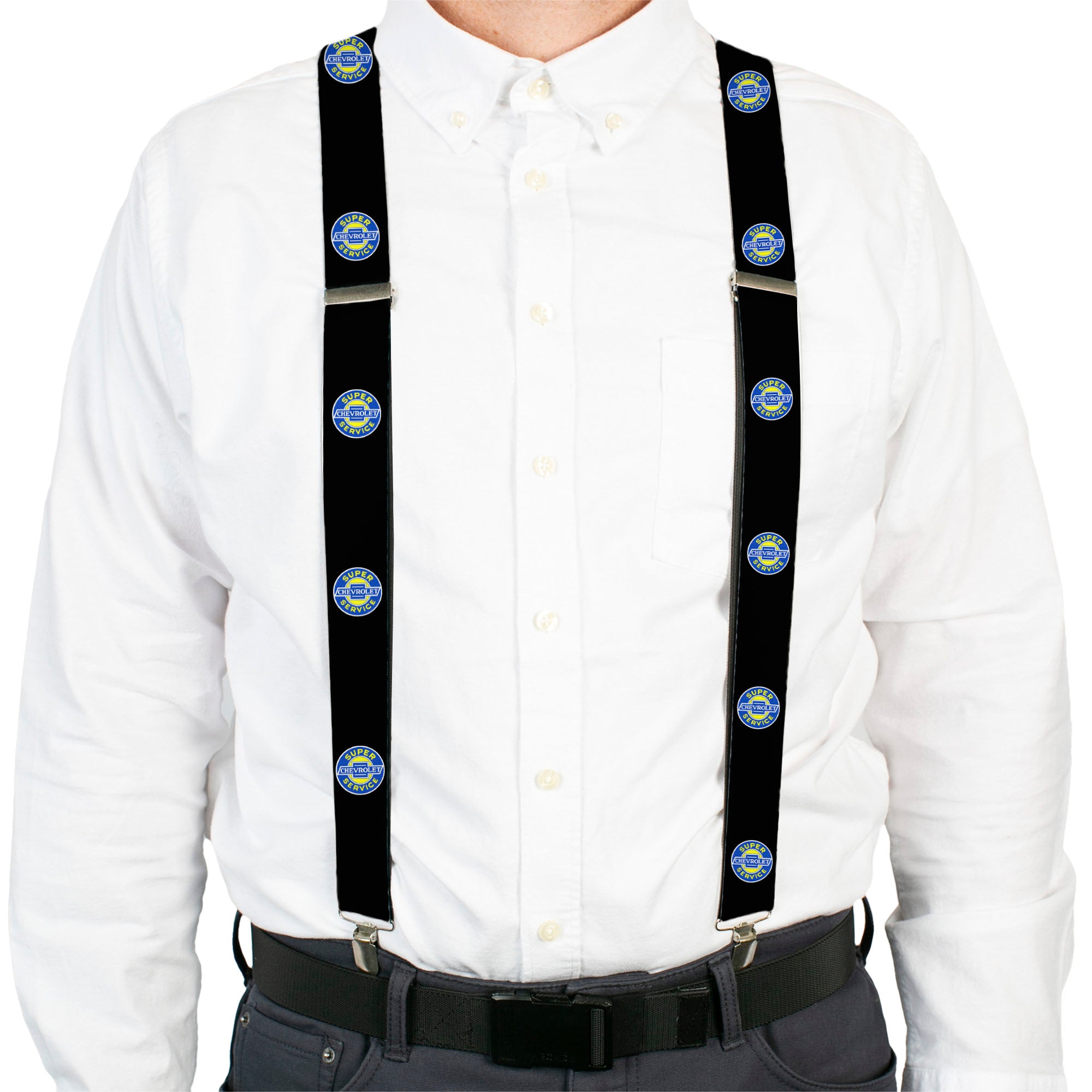 Suspenders - CHEVROLET SUPER SERVICE Logo Black/Blue/Yellow/White Suspenders Chevy