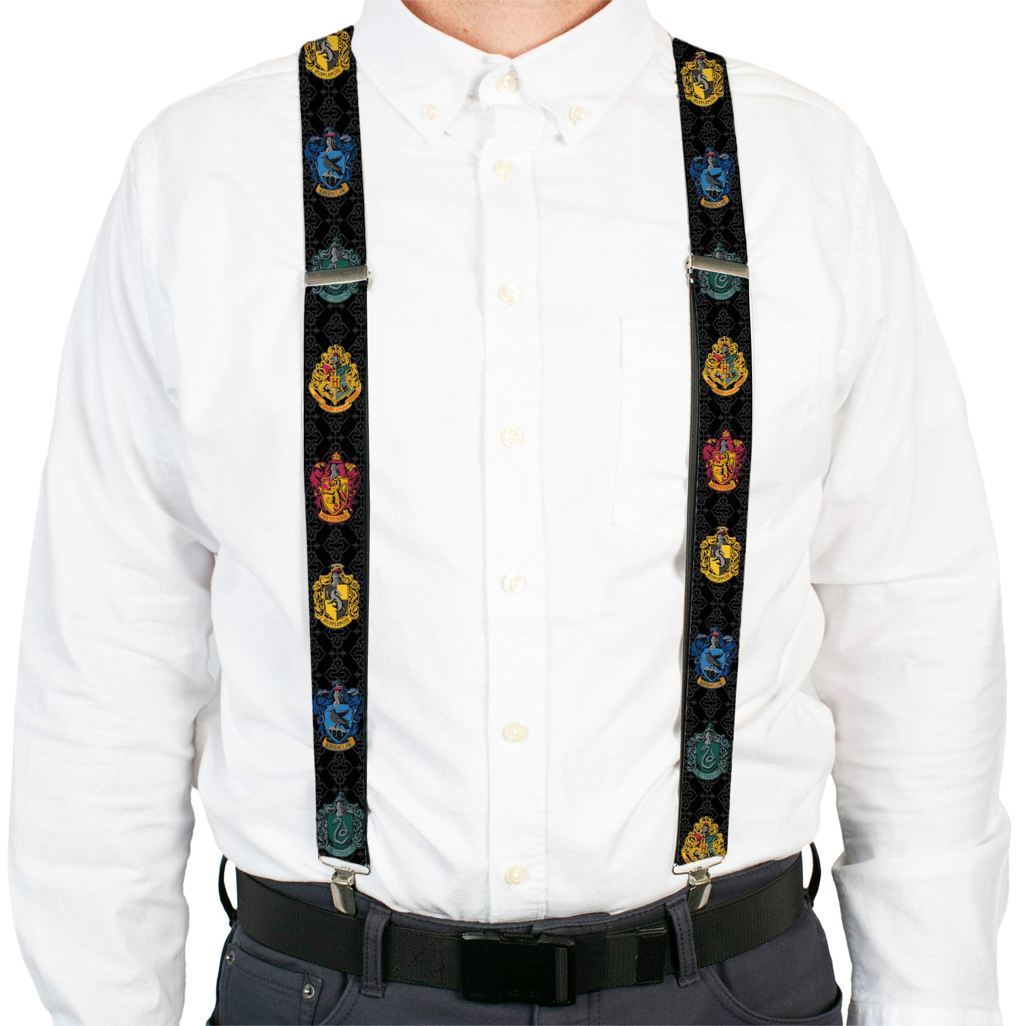 Suspenders - Hogwarts & 4-House Crests/Filigree Black/Gray