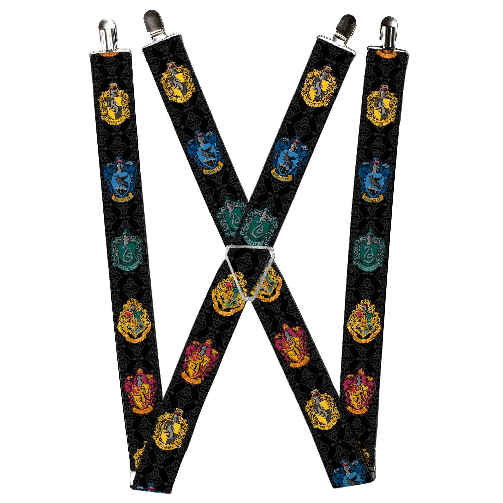 Suspenders - Hogwarts & 4-House Crests/Filigree Black/Gray