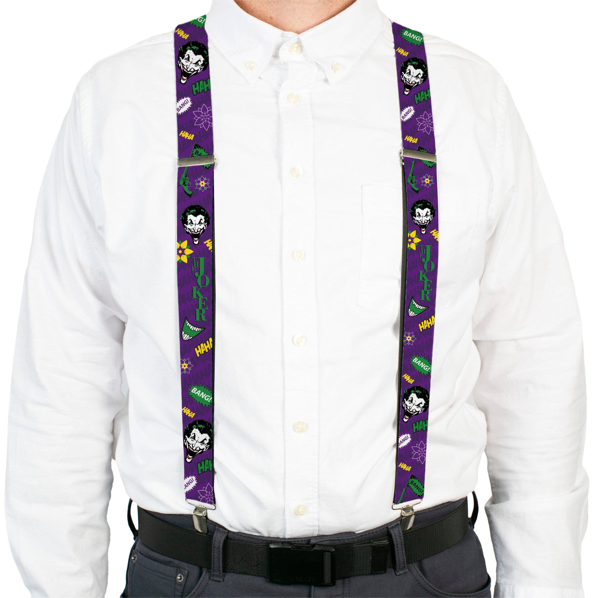 Suspenders - THE JOKER Face/Elements Collage Purple/Green/Yellow/White