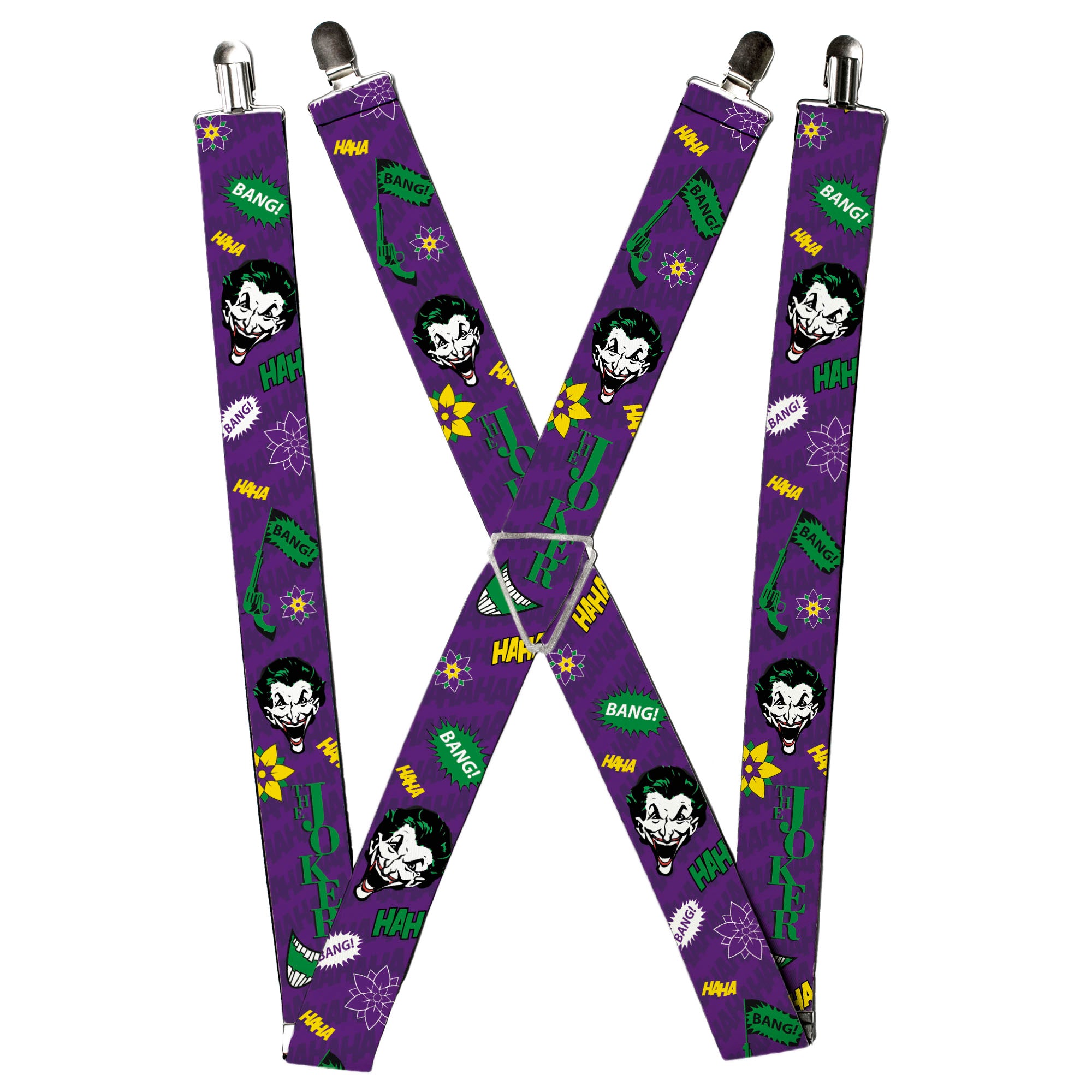 Suspenders - THE JOKER Face/Elements Collage Purple/Green/Yellow/White