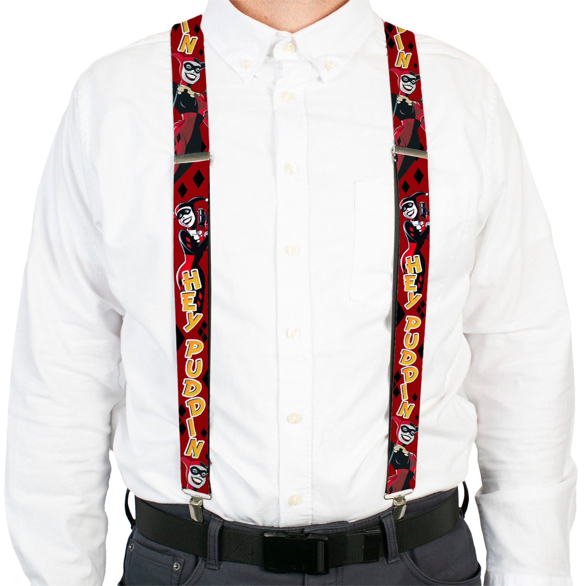 Suspenders - Harley Quinn 2-Poses/Diamonds HEY PUDDIN Red/Black/Orange Suspenders DC Comics