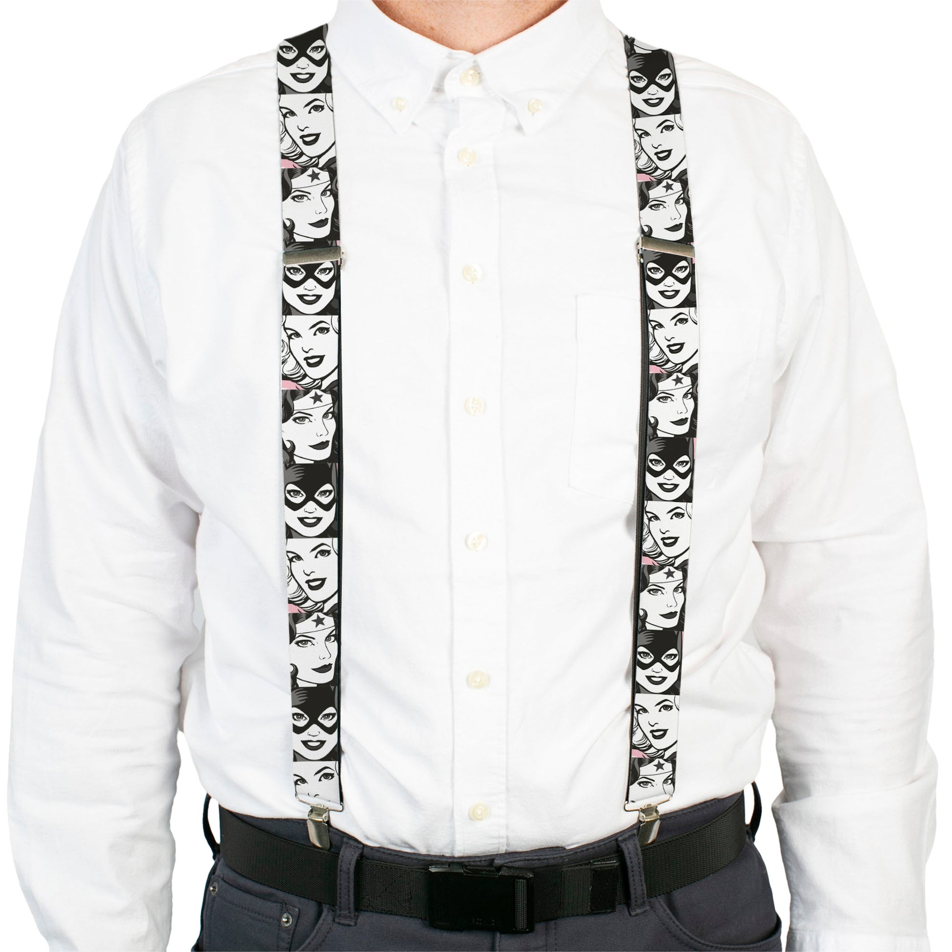 Suspenders - Batgirl/Supergirl/Wonder Woman Retro Panels Black/Pink/White Suspenders DC Comics