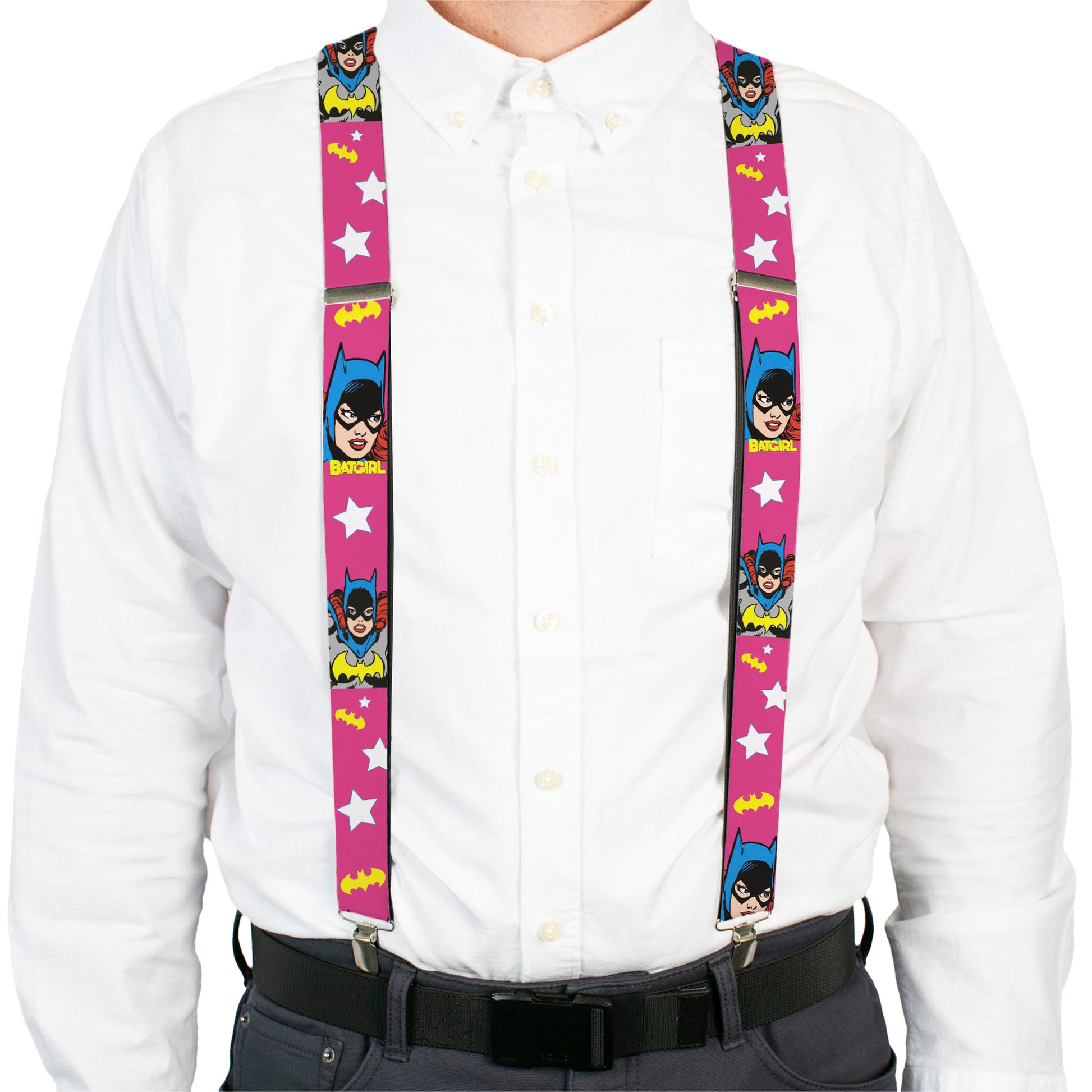 Suspenders - BATGIRL Face/Pose w/Logo & Stars Pink/White/Yellow Suspenders DC Comics