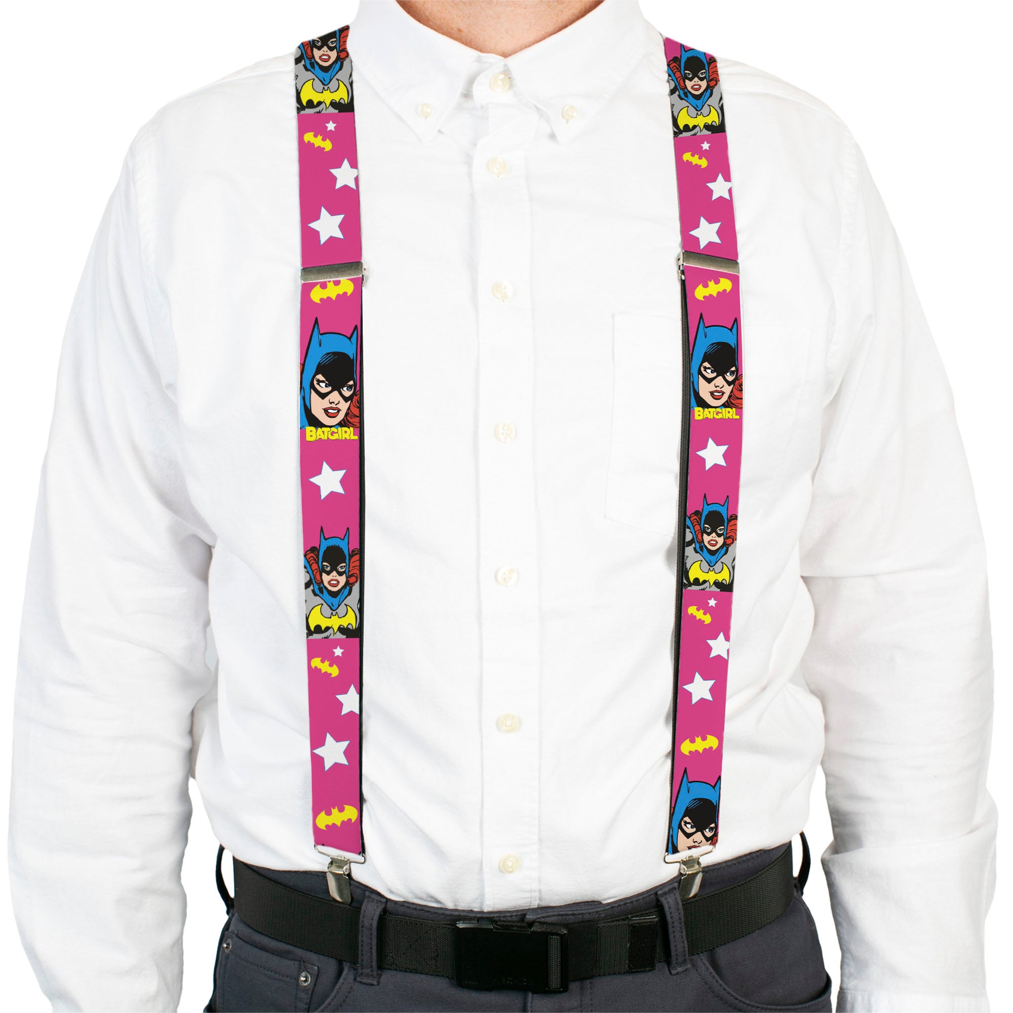 Suspenders - BATGIRL Face/Pose w/Logo & Stars Pink/White/Yellow Suspenders DC Comics