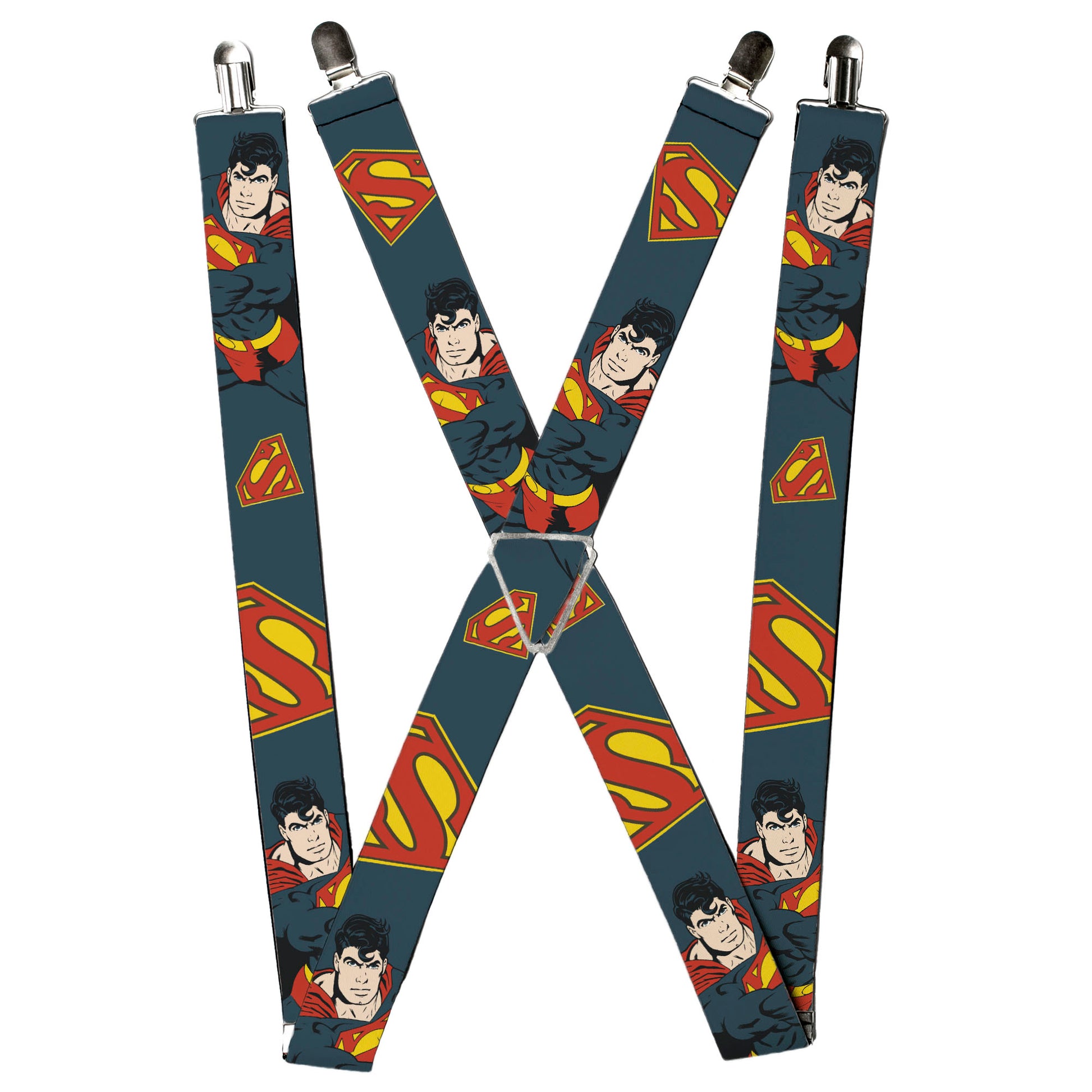 Suspenders - Superman Action Pose/Scattered Shield Navy/Gold/Red Suspenders DC Comics
