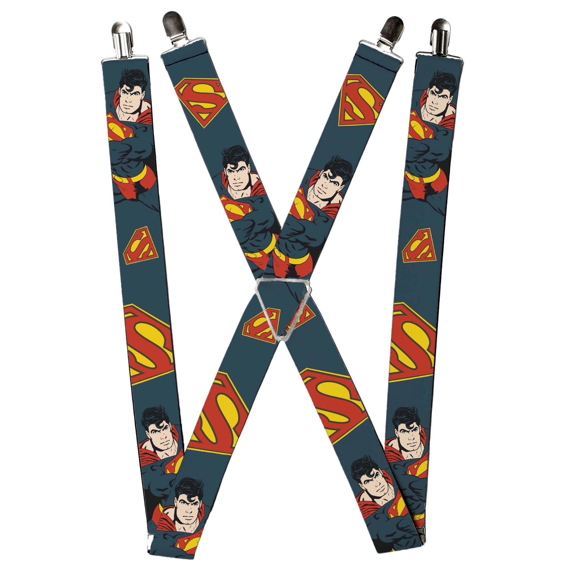 Suspenders - Superman Action Pose/Scattered Shield Navy/Gold/Red Suspenders DC Comics