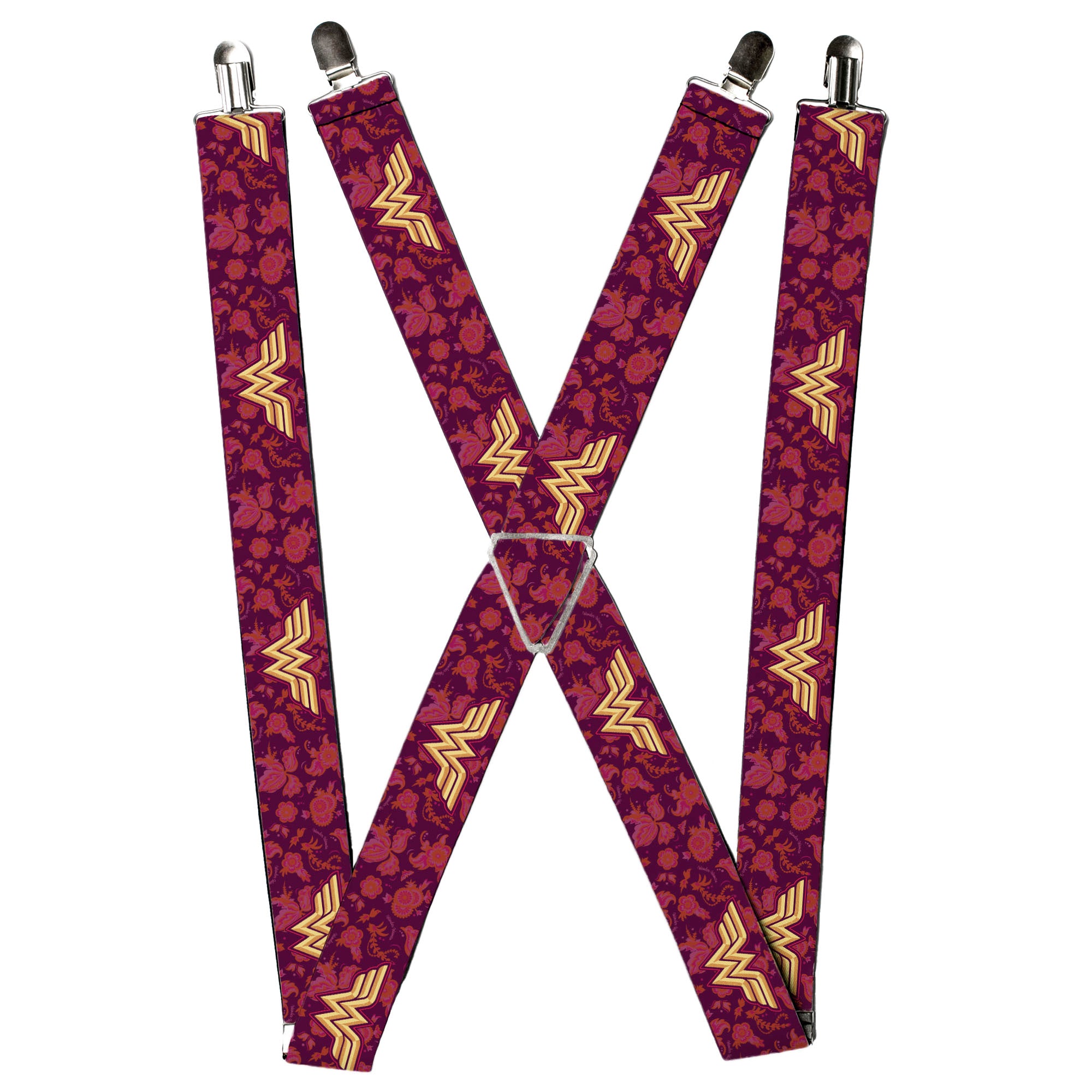 Suspenders - Wonder Woman Logo/Floral Collage Purple/Pinks/Gold