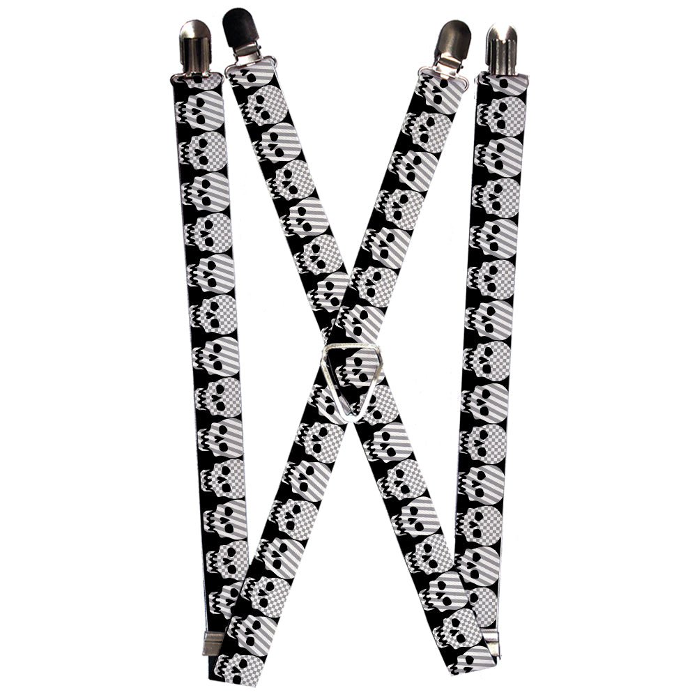 Suspenders - Checker & Stripe Skulls Black/White/Gray Suspenders Buckle-Down